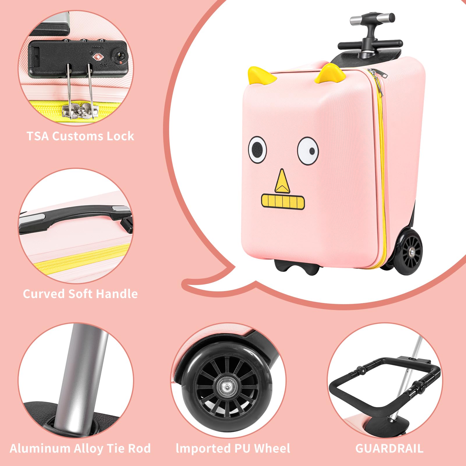20'' Kids Ride-On Suitcase with Removable Stroller - Pink Carry-On Luggage with Child Seat & Wheels for Air Travel | Perfect for Family Vacations & Airport Adventures