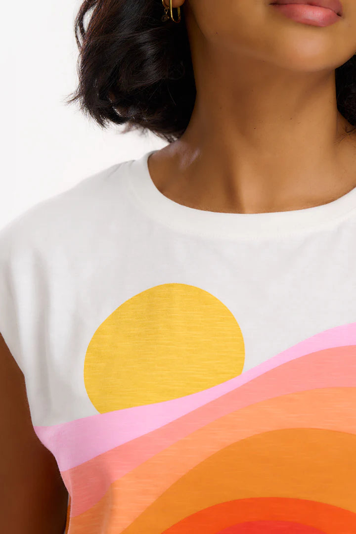 Chrissy Relaxed Tank T-Shirt for Women - Soft & Comfortable Off White & Sunset Waves Print - Perfect for Summer, Beach, and Casual Wear