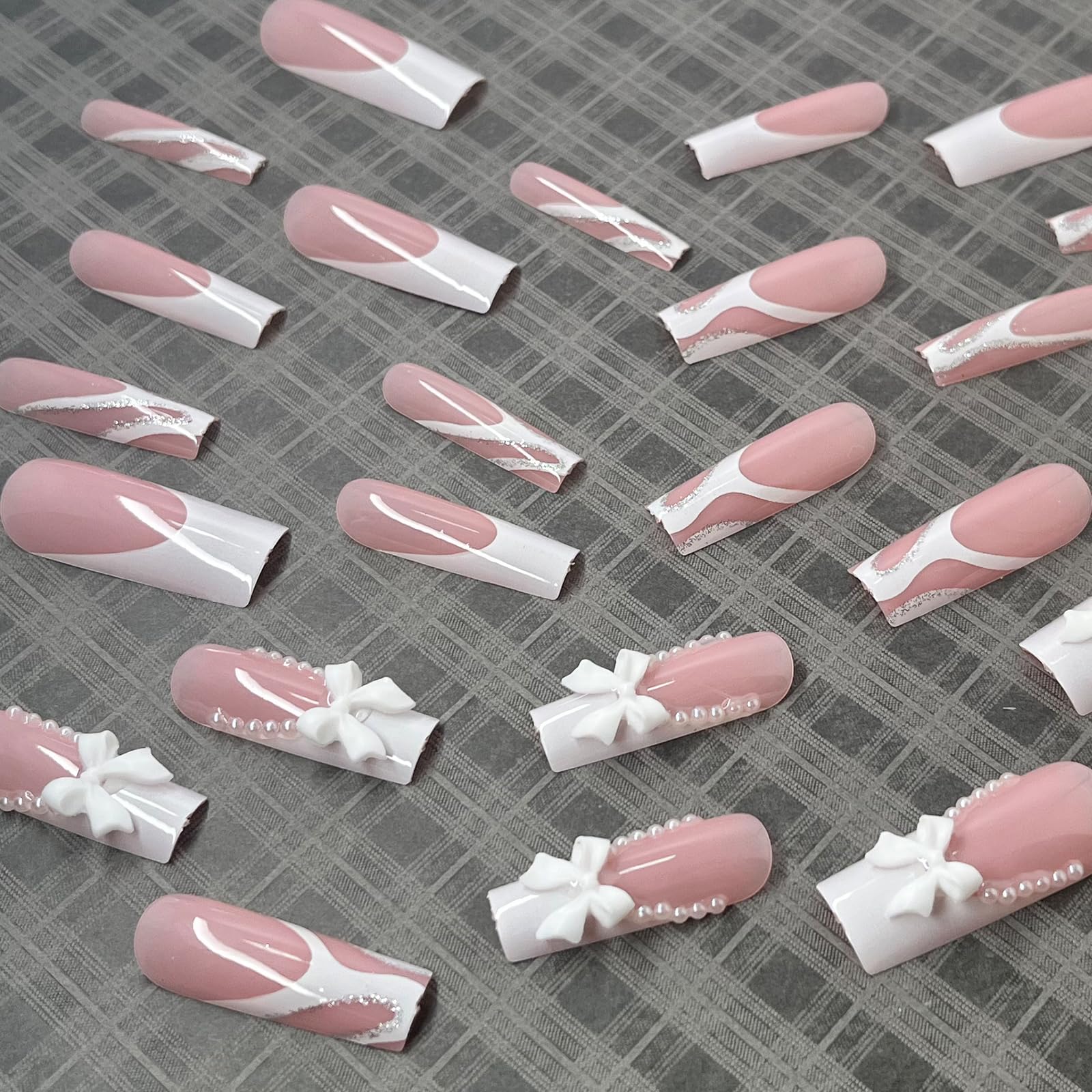 24Pcs French Tip Press on Nails - Long Square Fake Nails with Bow Rhinestone & Pearl Designs | Glossy Coffin False Nails for Women & Girls | Reusable Acrylic Nails for Parties, Weddings & Special Occasions