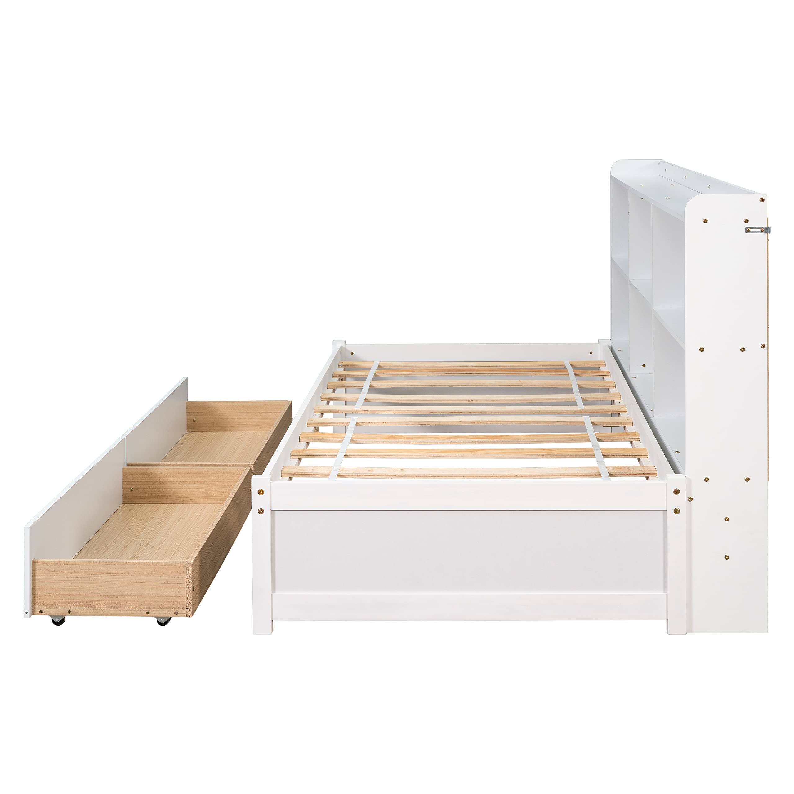Stylish Solid Wood Platform Bed with Built-in Bookcase & 2 Storage Drawers - Twin Size, White/Pine Finish - Perfect for Small Bedrooms, Studio Apartments & Space-Saving Solutions