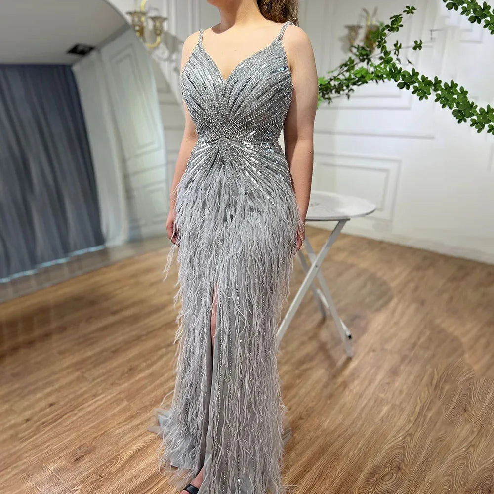 Elegant Arabic Black Feather Beaded Mermaid Evening Gown with High Slit - LA70623 | Formal Dress for Prom, Gala & Special Occasions