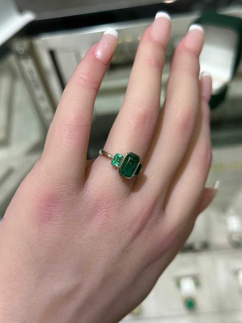 2.30 TCW Natural Emerald Cut Trilogy Lush Dark Green 3 Stone 14K Gold Ring for Women - Elegant Wedding, Engagement & Anniversary Jewelry Gift