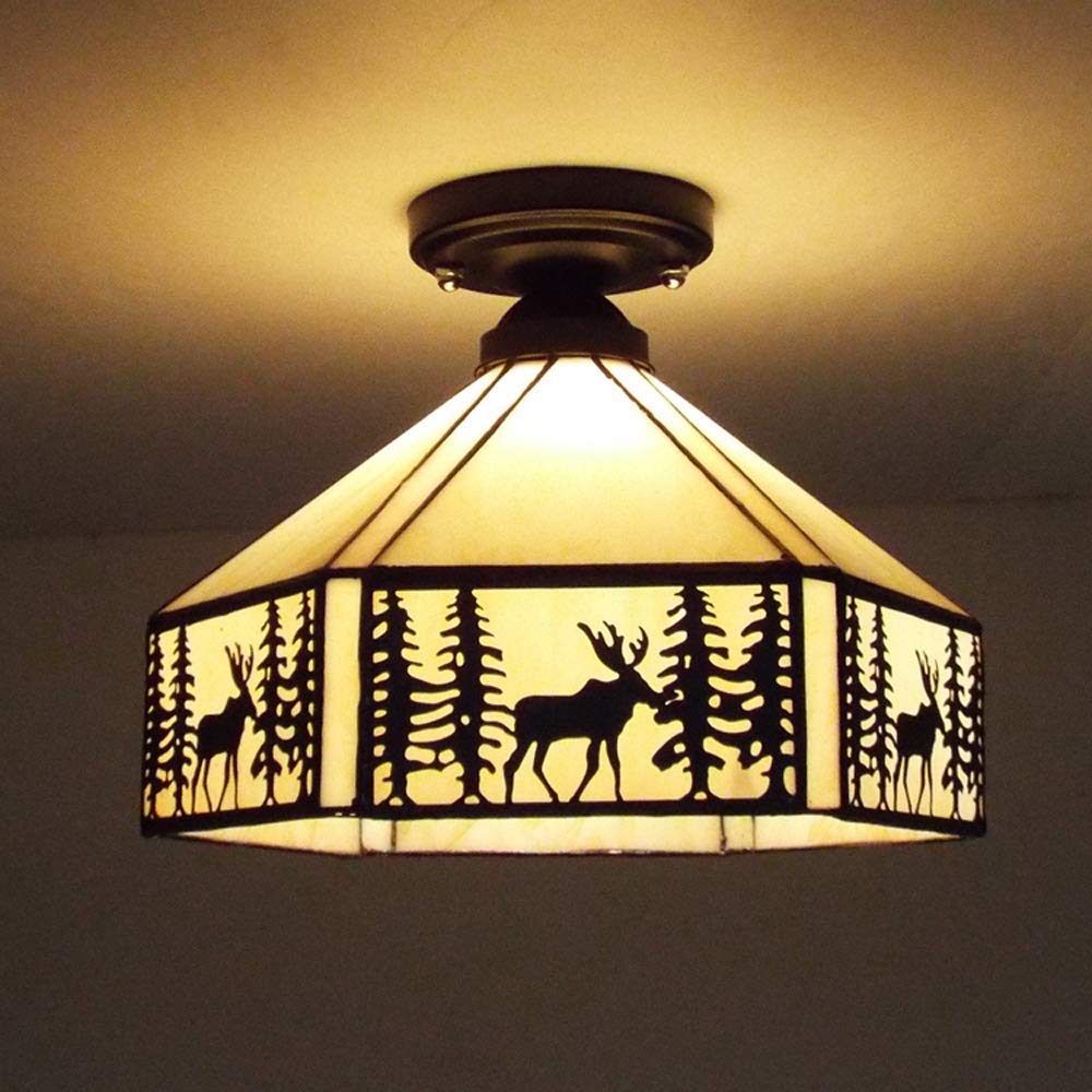 Vintage Tiffany Style Stained Glass Flush Mount Ceiling Light - Elk Pattern Bronze Lighting Fixture 11 Inch for Living Room, Hallway, Kitchen & Dining Room | Classic Home Decor & Ambient Lighting