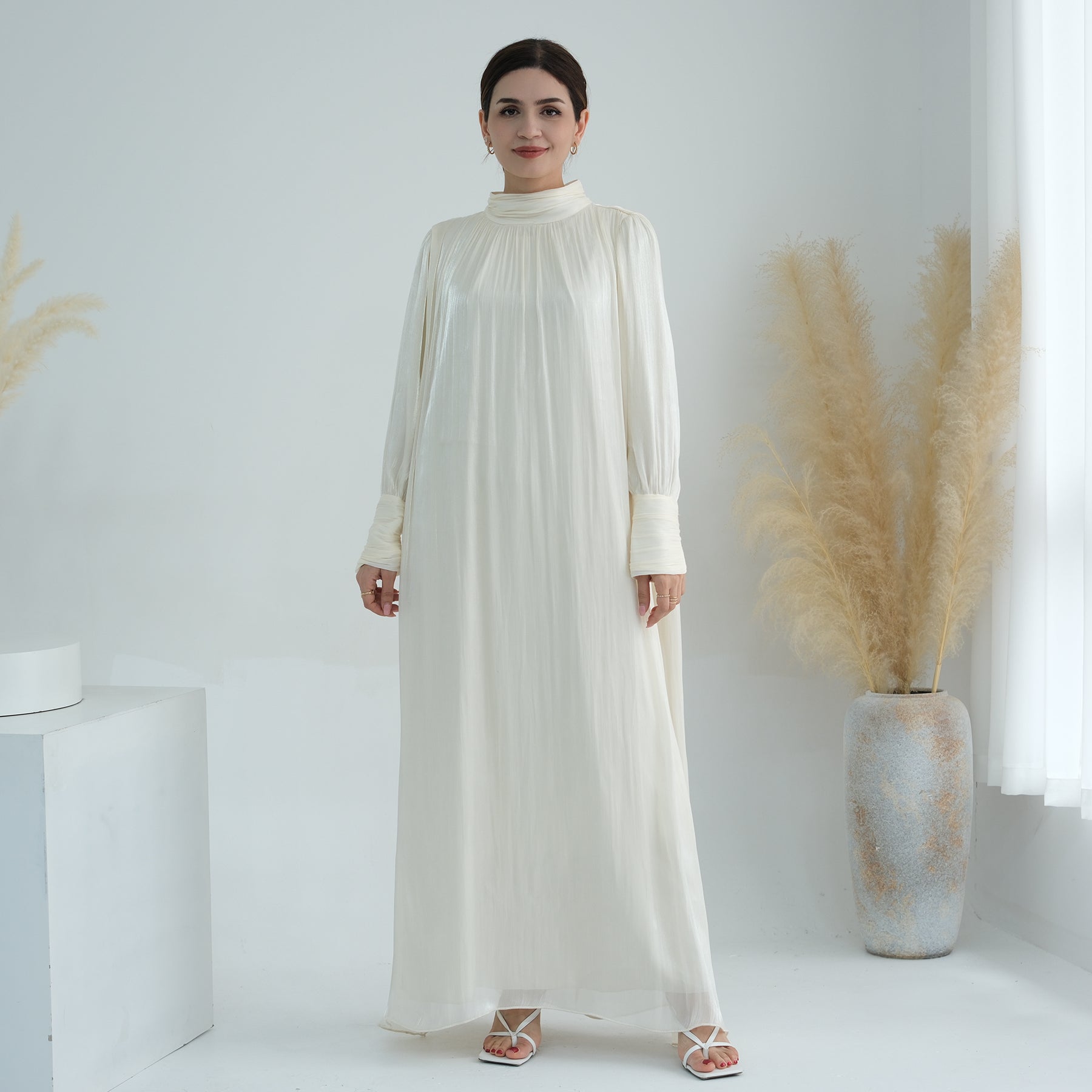 Indira Sparkles Long Sleeve Maxi Dress Ivory - Elegant Evening Gown for Women, Perfect for Weddings, Parties & Special Occasions