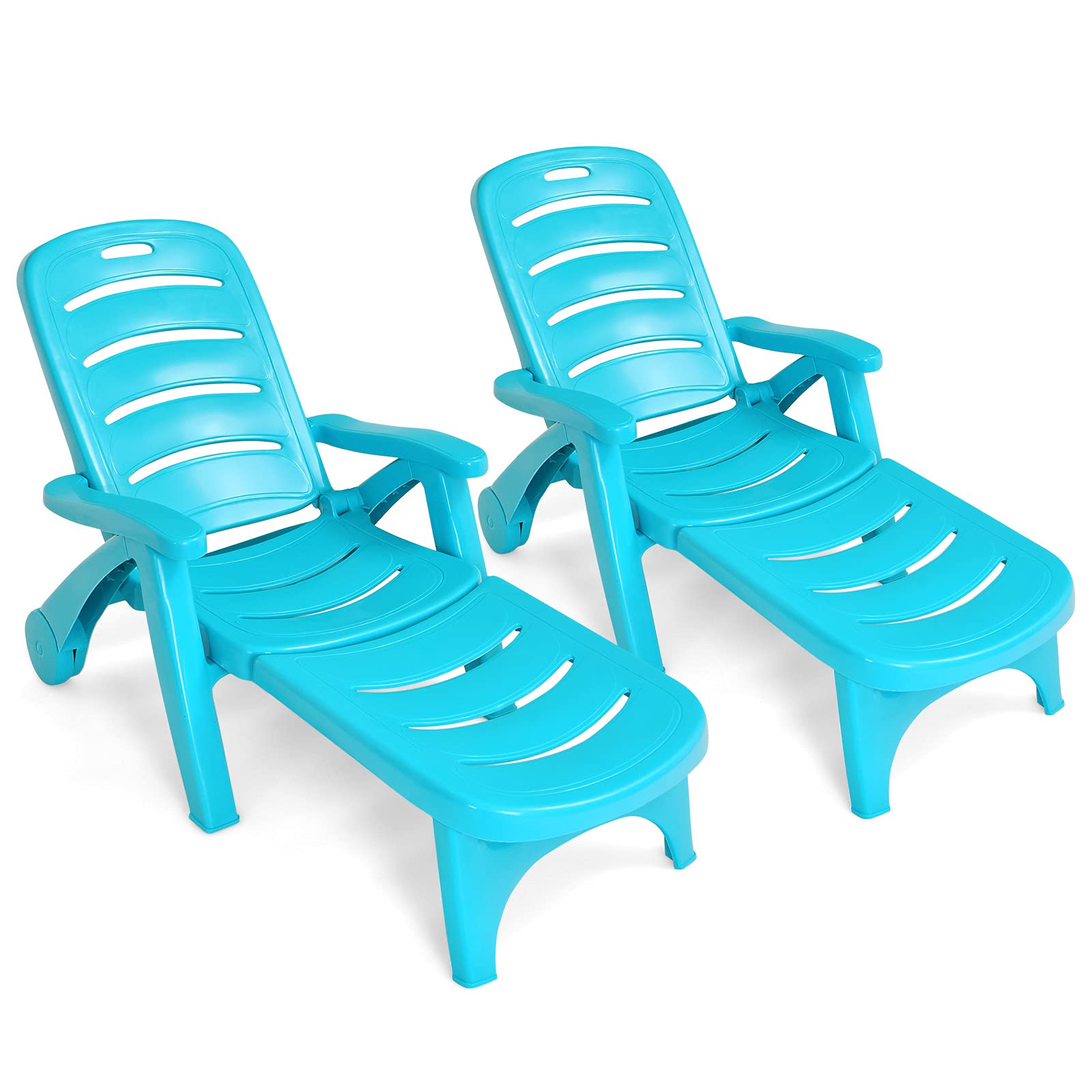 Giantex Folding Patio Chaise Lounge Recliner with Wheels - 5 Adjustable Positions, Armrests & Turquoise Fabric - Perfect for Poolside, Beach, Garden, Backyard & Outdoor Sunbathing - Portable Rolling Deck Chair for Relaxation (2-Pack)