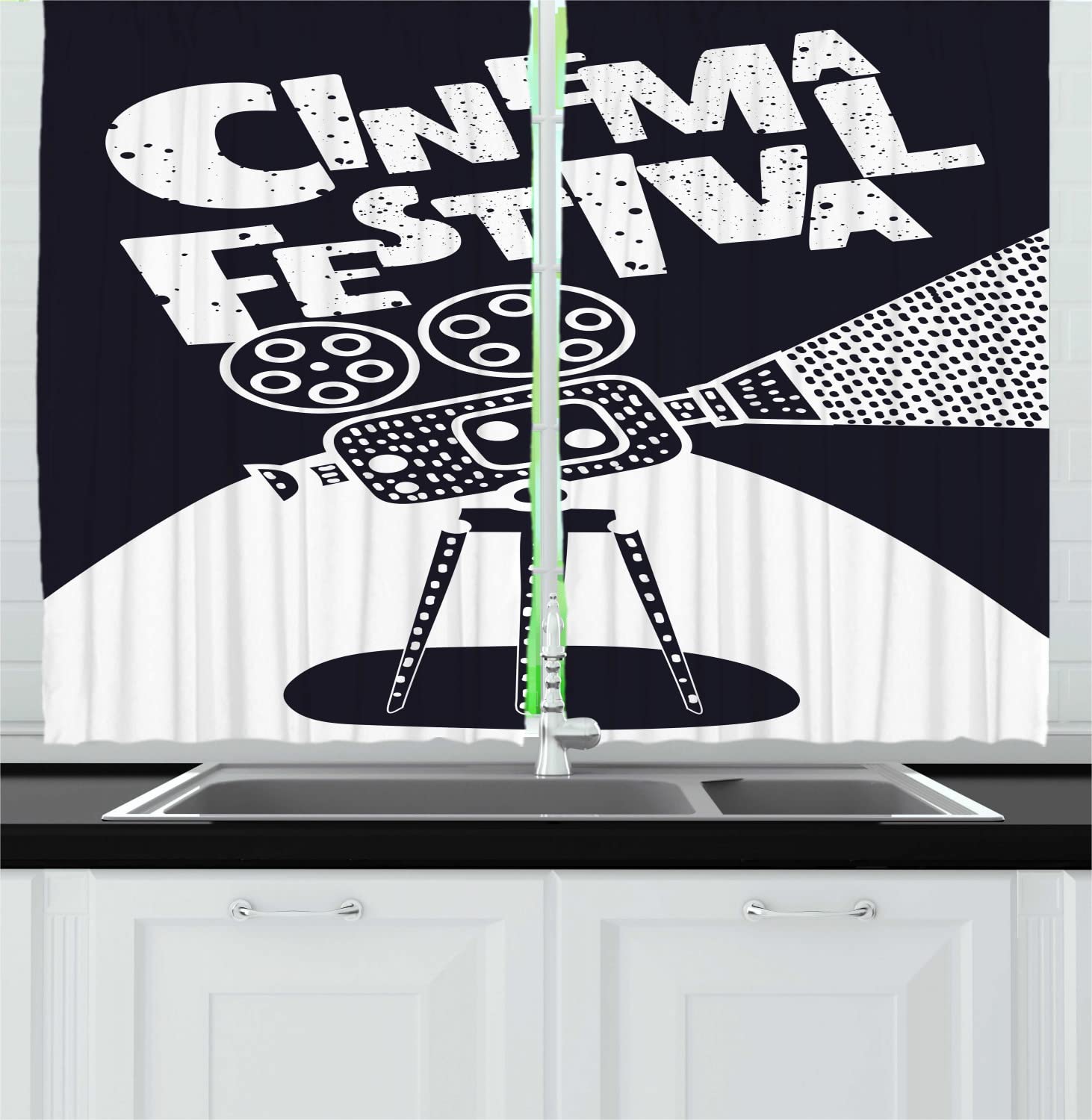 Ambesonne Movie Camera Grunge Style Kitchen Curtains - Dark Violet Blue White Cinema Festival Design with Lettering, 55