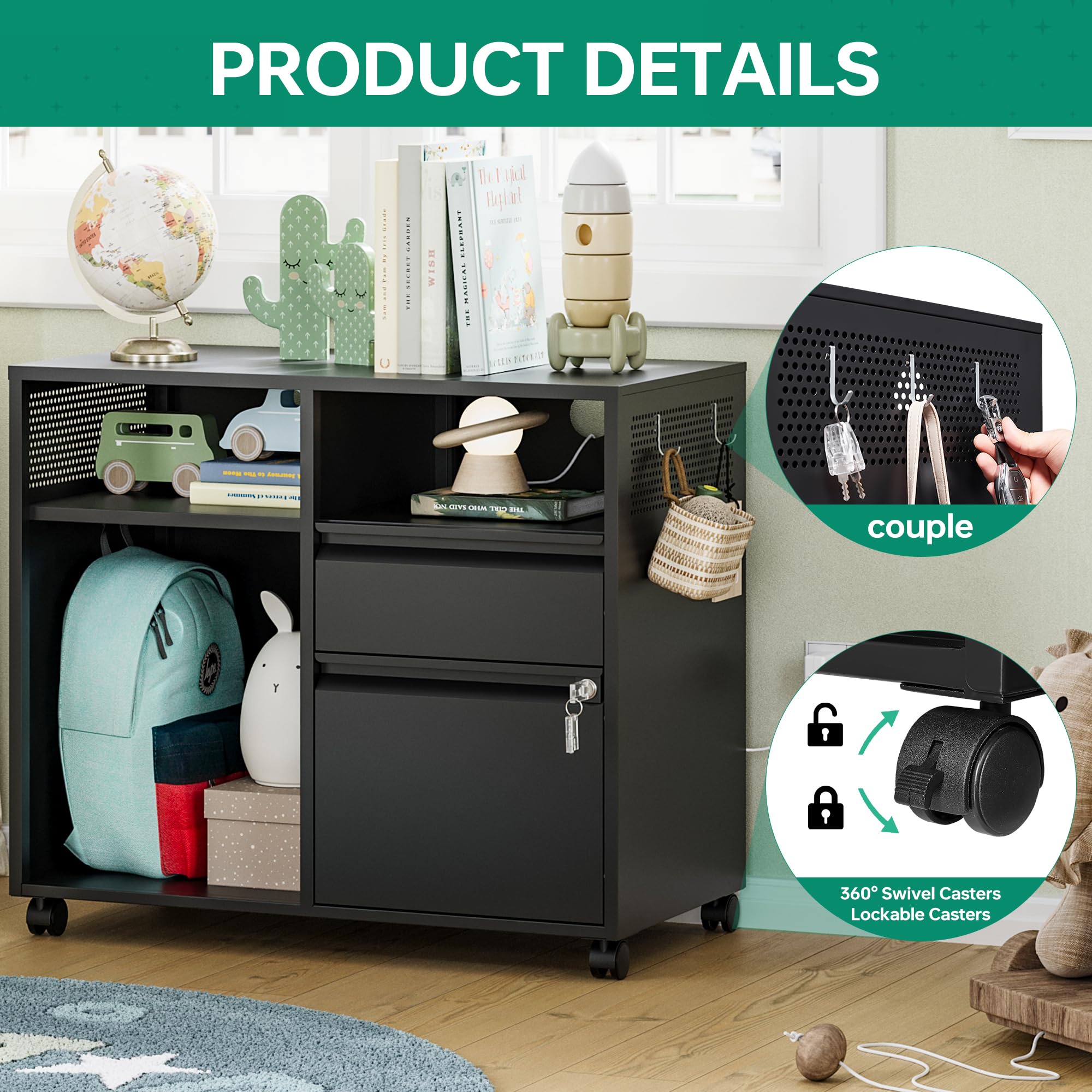 Letaya Mobile File Cabinet - Metal Lateral Rolling Printer Stand with Shelves for Home Office Storage - Organize A4/F4/Letter Size Documents - Perfect for Office, Study Room or Home Workspace (Black)