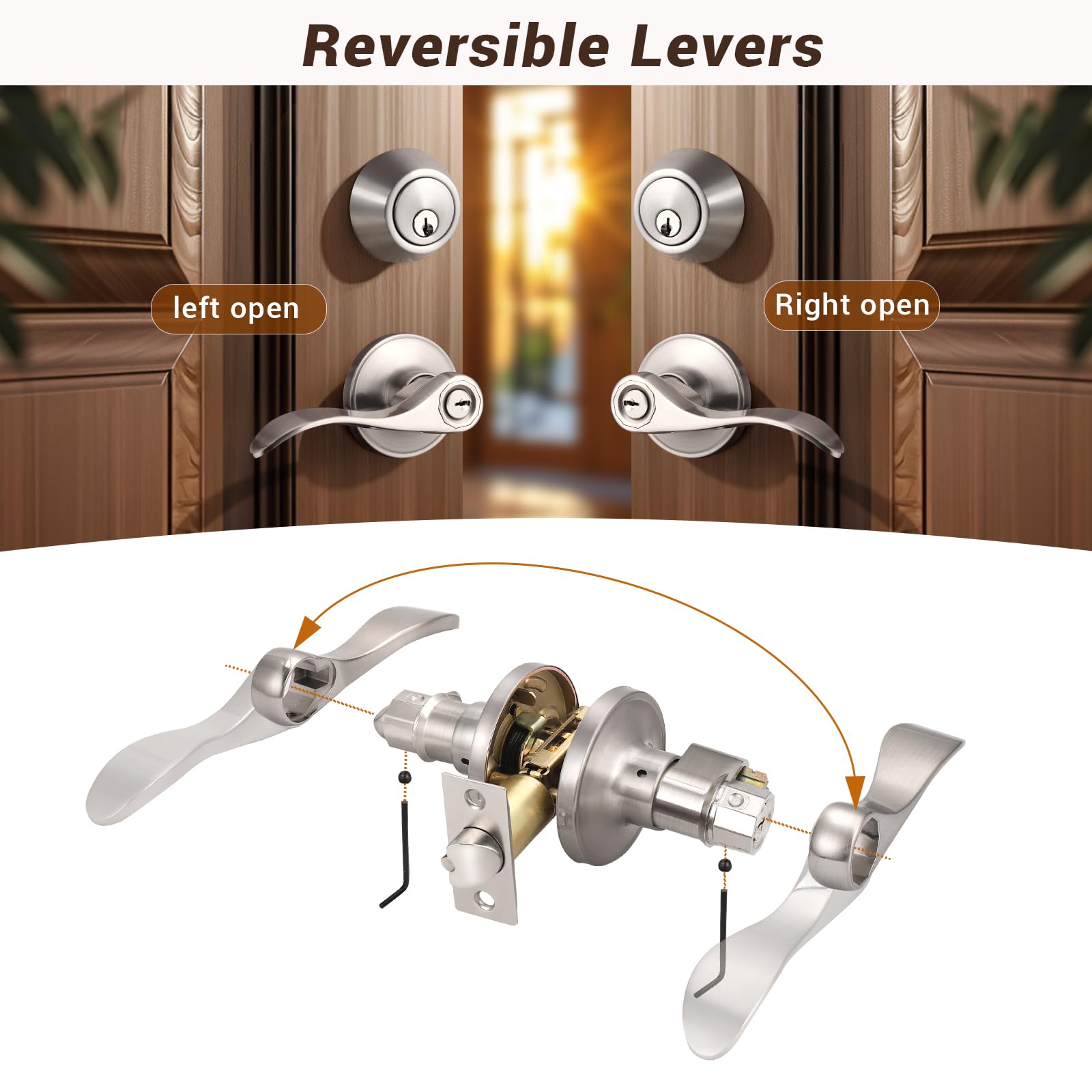 Keyed Alike Door Handle and Deadbolt Locksets - Brushed Nickel Exterior Door Handles with Single Deadbolt - Secure Front Entry Door Locksets (2 Pack) - Perfect for Home, Office, and Apartment Security