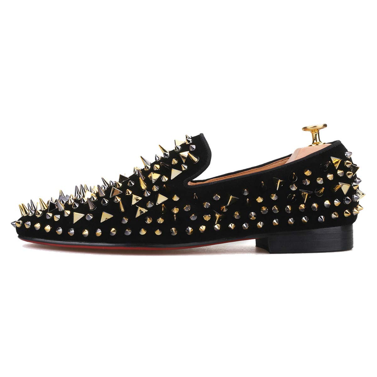 FERUCCI Men's Black Velvet Loafers with Gold Spikes - Comfortable Slip-On Slippers for Indoor/Outdoor Wear, House Shoes for Relaxing at Home or Casual Outings