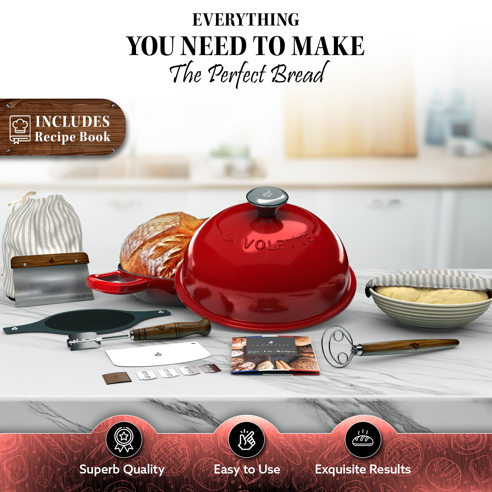 9-Piece Enameled Cast Iron Bread Baking Set with Lid – 10 Inch Dutch Oven, Silicone Mat & Banneton | 6 Quart Red Enameled Bread Pan | Perfect for Artisan Sourdough, No-Knead & Homemade Bread Baking