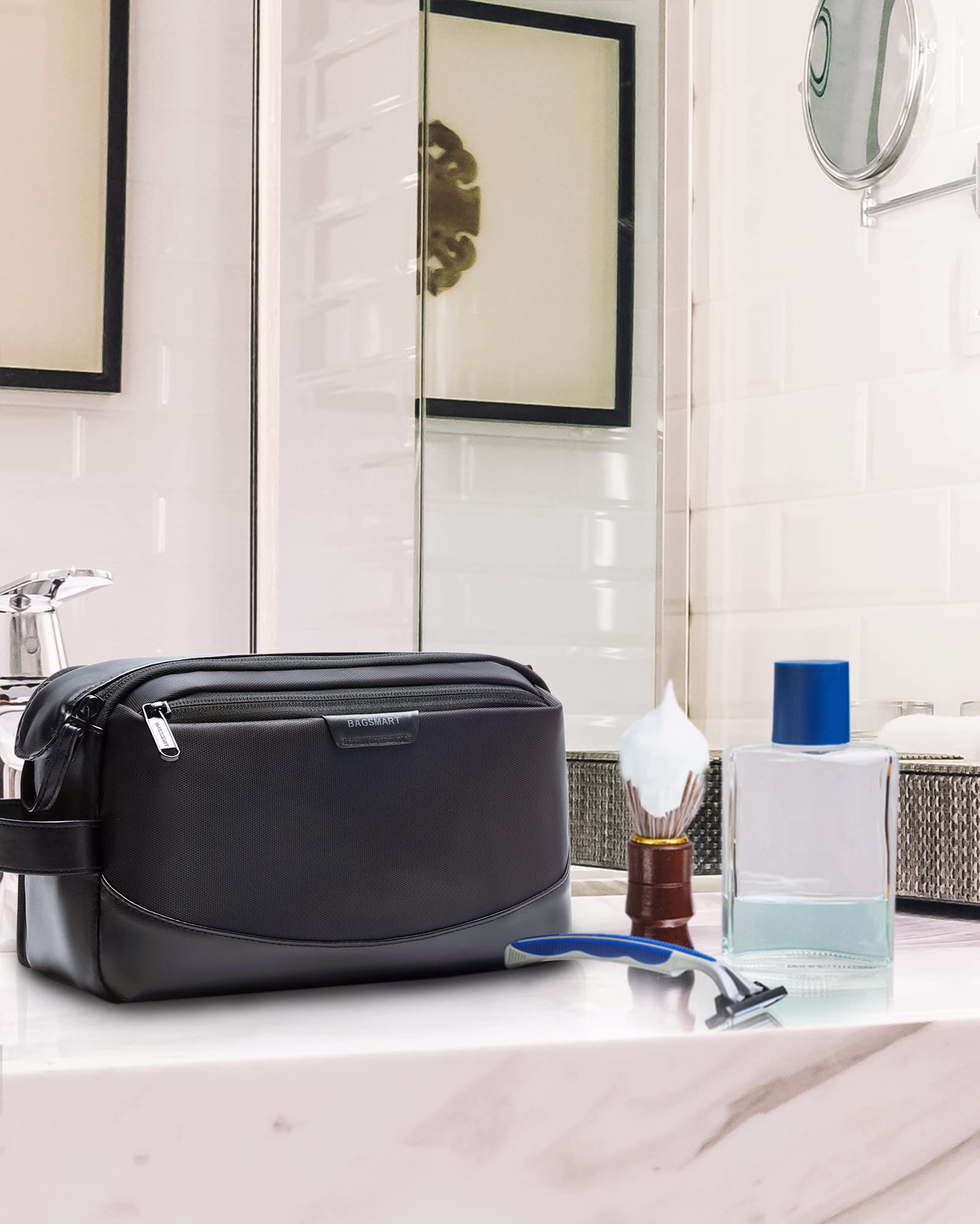 BAGSMART Large Water-resistant Travel Toiletry Bag for Men - Shaving Dopp Kit Organizer with Multiple Pockets, Perfect for Gym, Business Trips & Camping Accessories (Black)