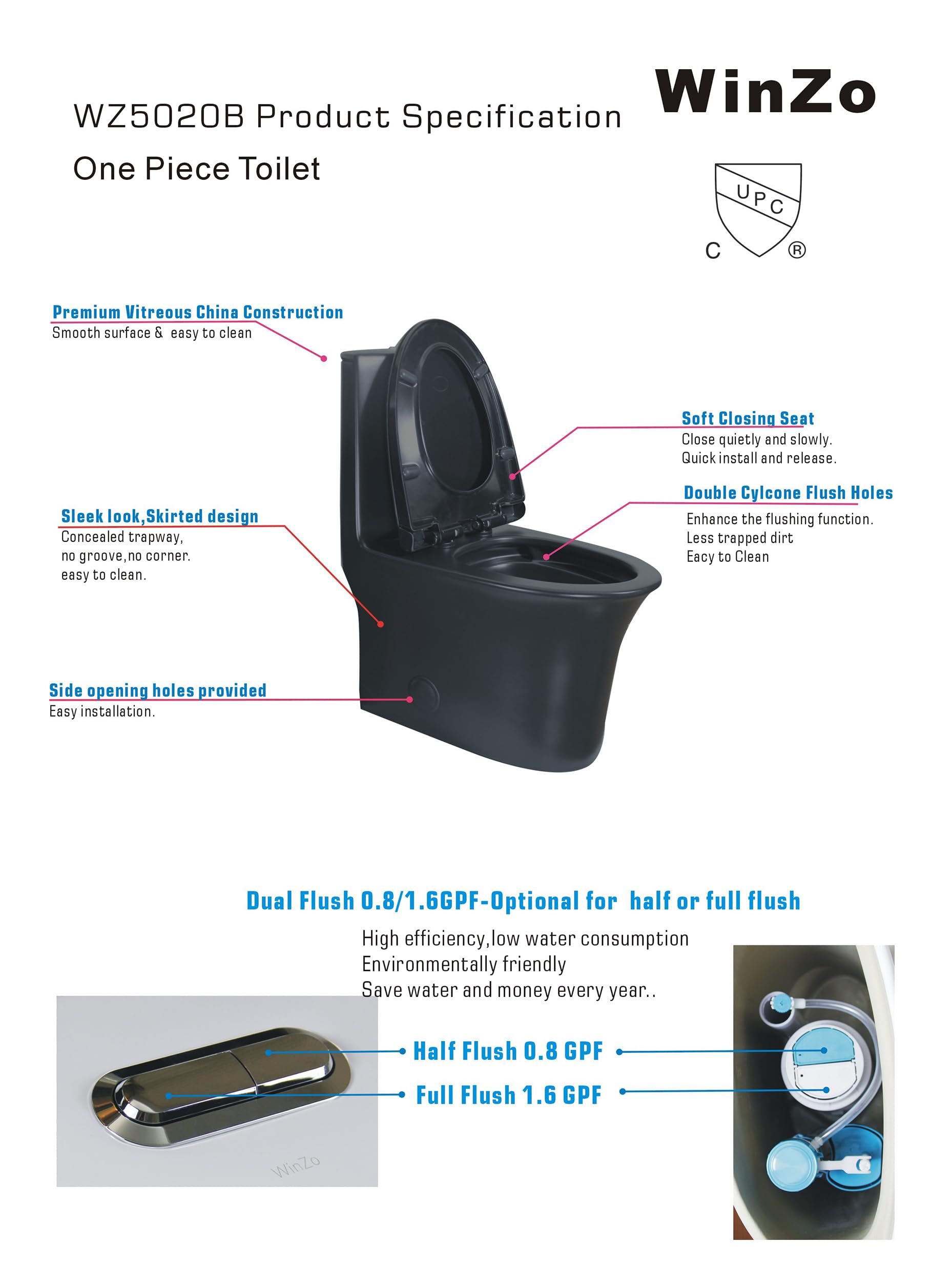 WinZo Elongated One Piece Toilet with 3-in-1 Dual Flush & Soft Close Seat - Modern Elongated Toilet Bowl with Matt Black Finish for Bathroom, Home, and Commercial Use