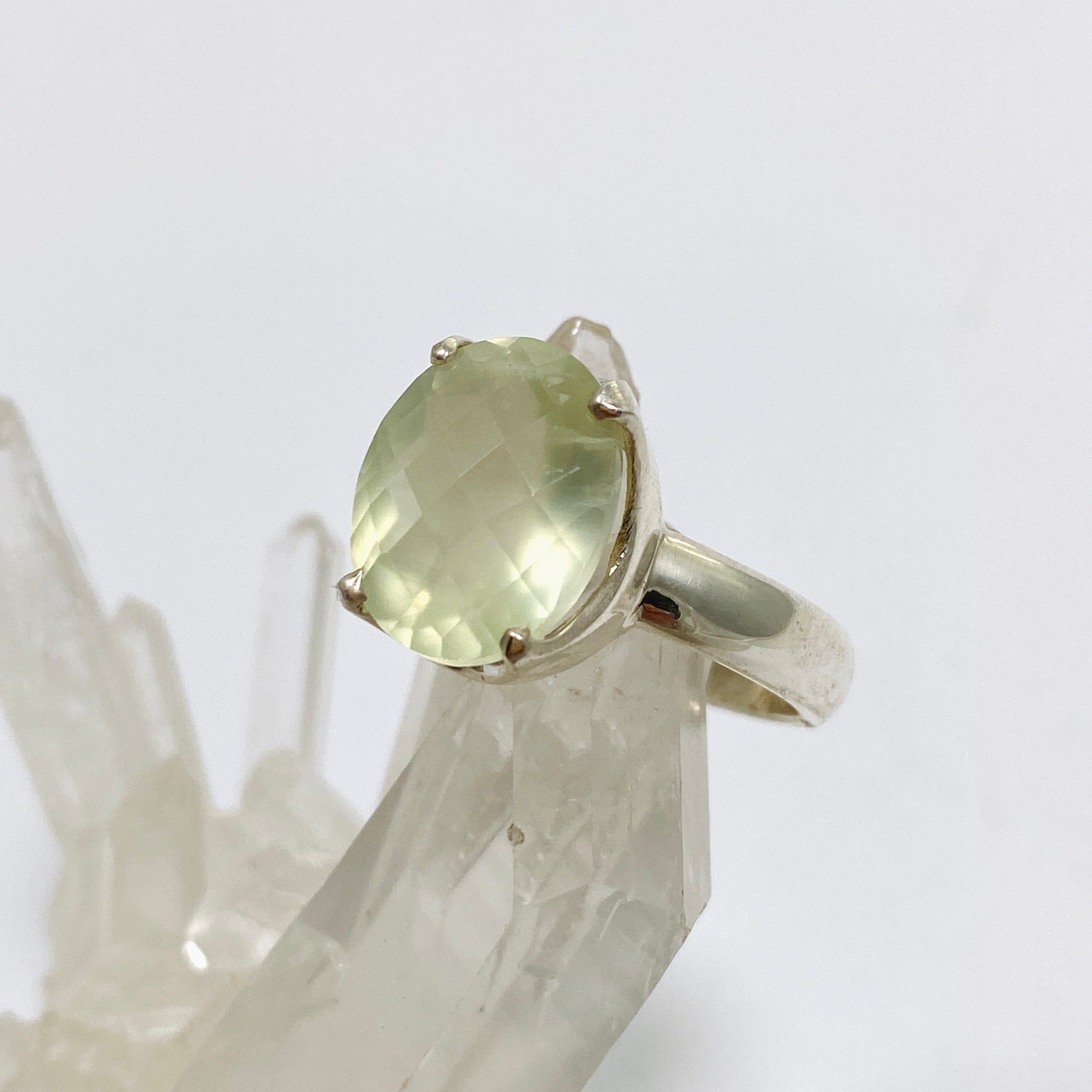 Prehnite Oval Checkerboard Faceted Ring Size 8.5 - Dainty Gold Jewelry for Women, Elegant Birthstone Gift for Her - Perfect for Weddings, Anniversaries & Special Occasions