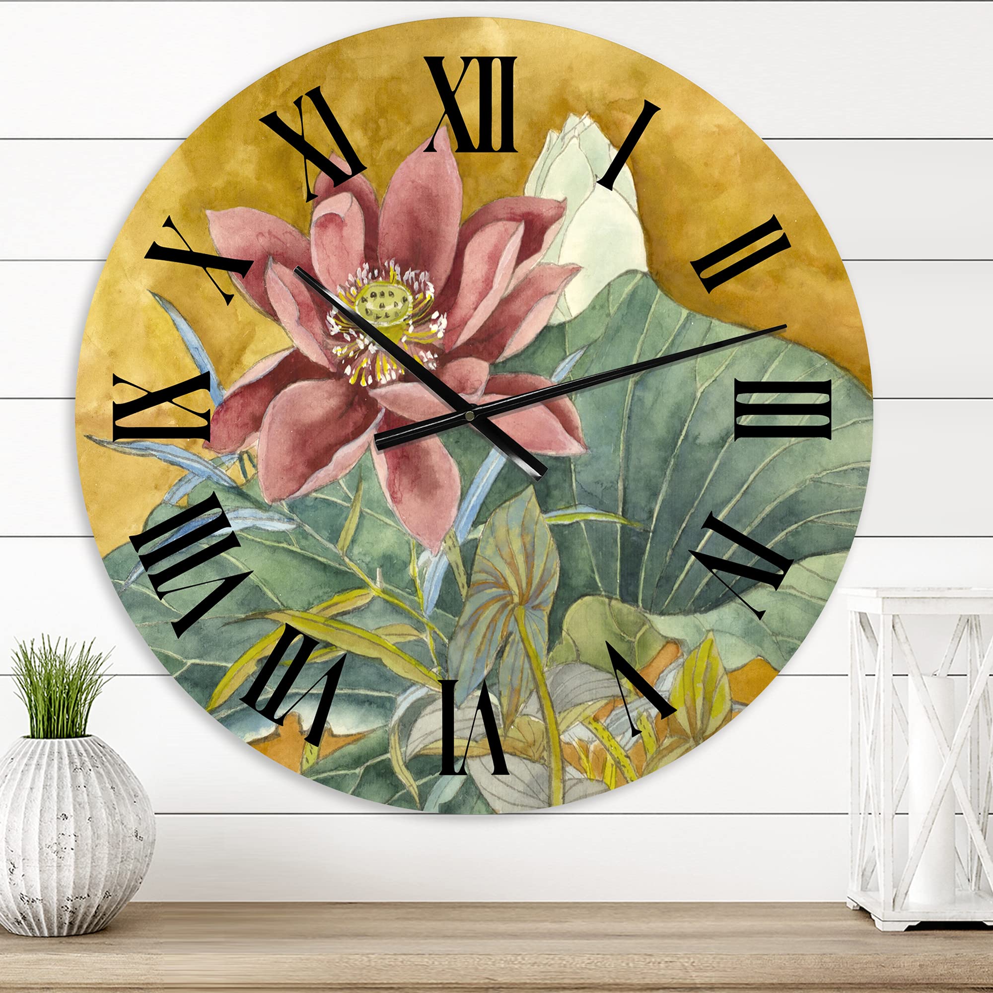 Vintage Pink Lotus Wall Clock - Large Floral Botanical Decor for Living Room, Bedroom & Office | Traditional DesignQ Home Decor Clock