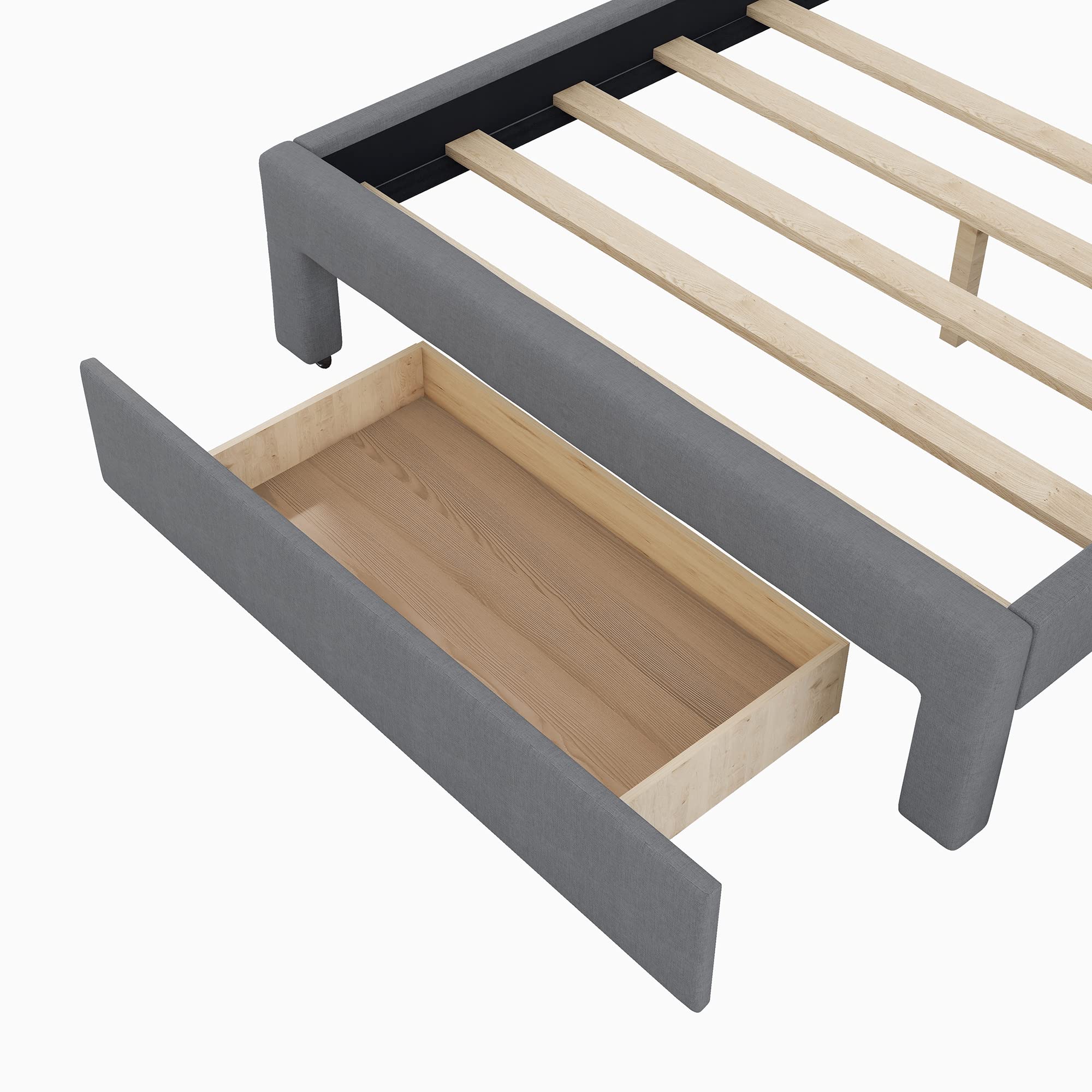 Linen Upholstered Platform Bed Frame with Storage Drawer & Shelves - Full Size Twin Wood Bed Frame in Gray | Modern Bedroom Furniture for Small Spaces & Guest Rooms