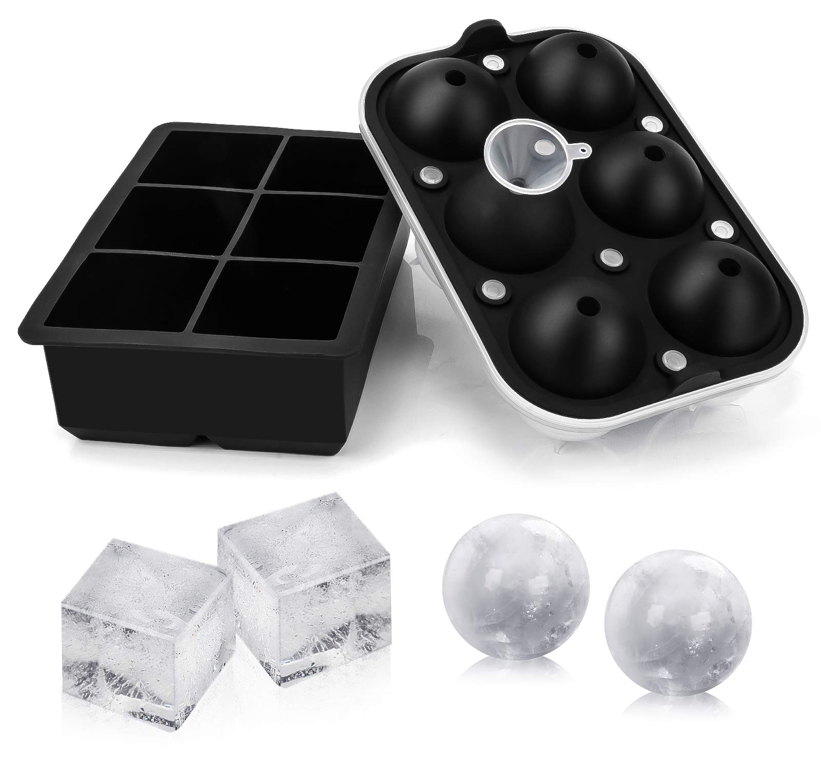 Premium Silicone Ice Cube Trays & Ice Ball Molds Set of 2 - Large Square & Sphere Ice Makers with Lids for Whiskey, Cocktails, Brandy - Perfect for Home Bars, Parties & Gift Giving
