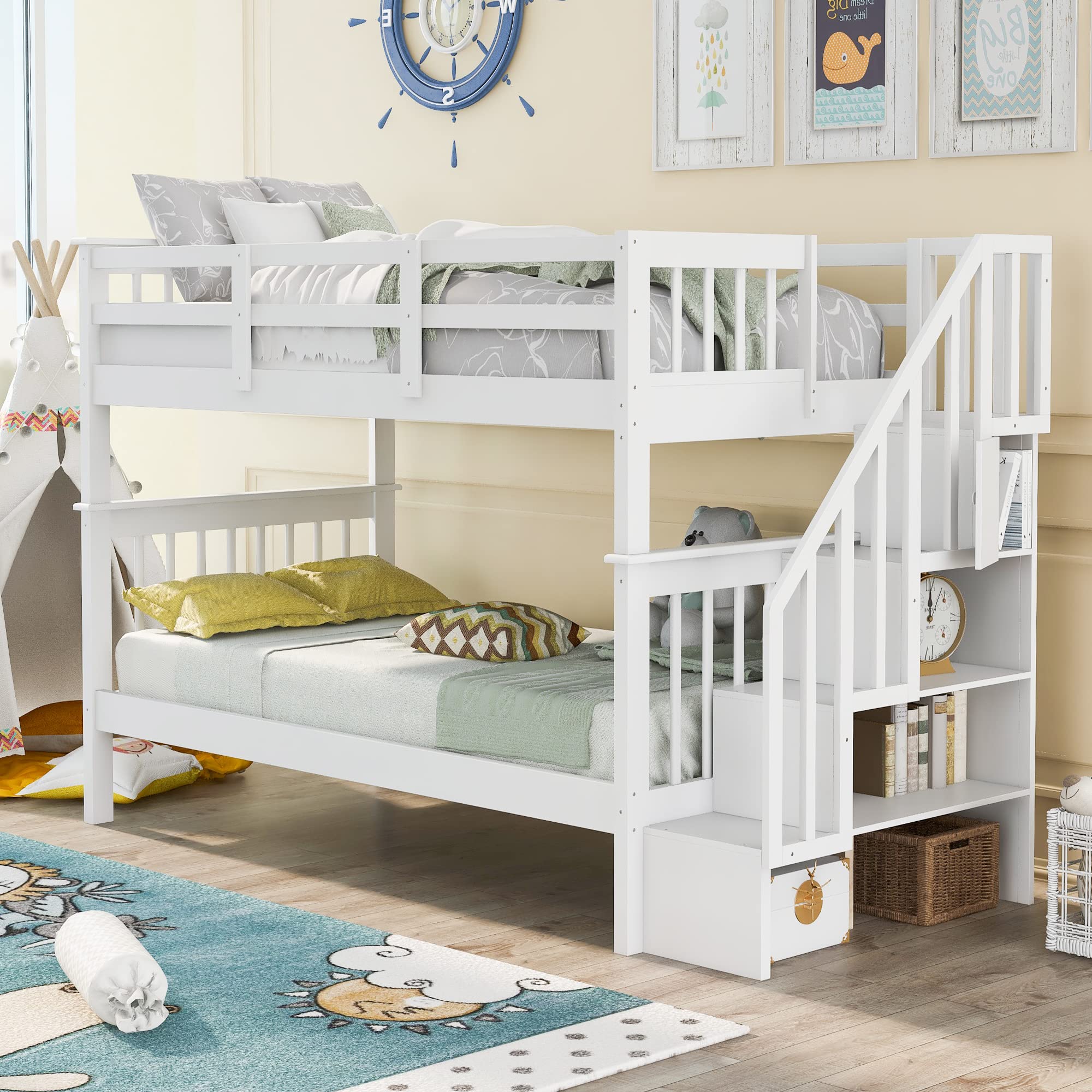 Harper & Bright Designs Twin Over Twin Wooden Bunk Bed with Stairs - Space-Saving Kids Bunk Bed with Storage Drawers & Safety Guard Rail - Perfect for Small Bedrooms, Dorm Rooms & Shared Kids' Spaces (White)