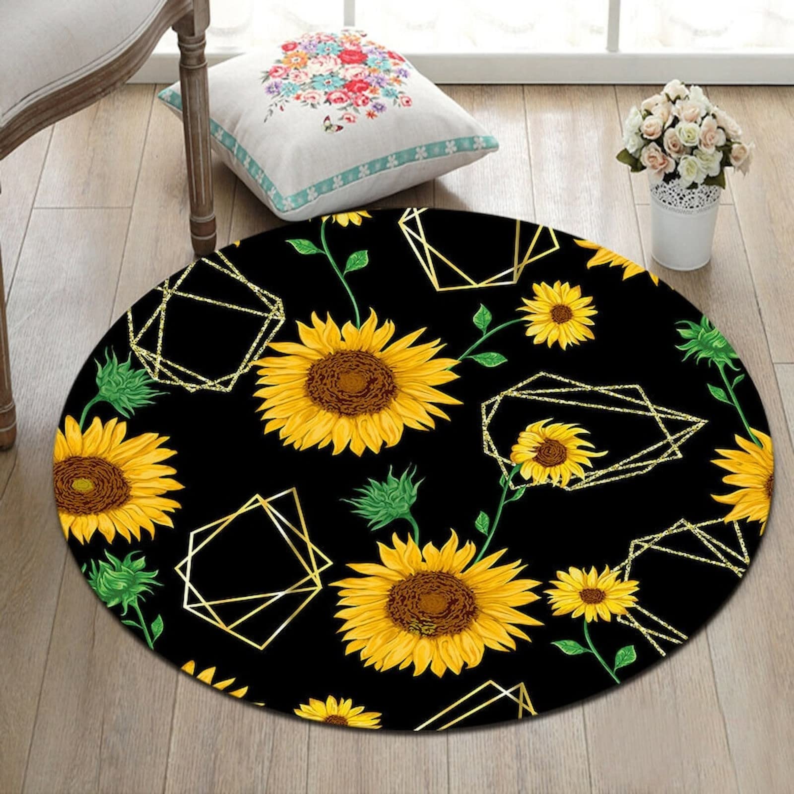 MASTPOINT Geometric Sunflower 3D Round Carpet - Non-Slip Floor Mat for Living Room, Bedroom, Coffee Table, Yoga & Study Chair - Soft & Durable Home Decor Rug