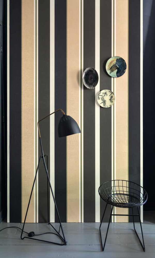 Black & Gold Bold Stripe Wallpaper R6599 - Elegant Peel and Stick Wallpaper for Living Room, Bedroom, and Office Decor