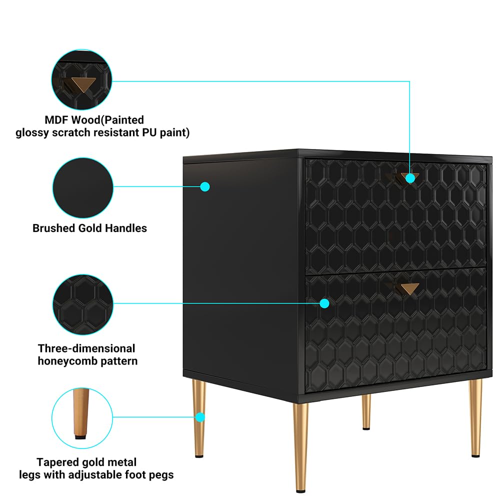 Modern Nightstand with 2 Drawers - Bedside Table with Brass Knobs for Bedroom & Living Room - Stylish Black End Table - Perfect for Storing Books, Lamps & Bedroom Essentials