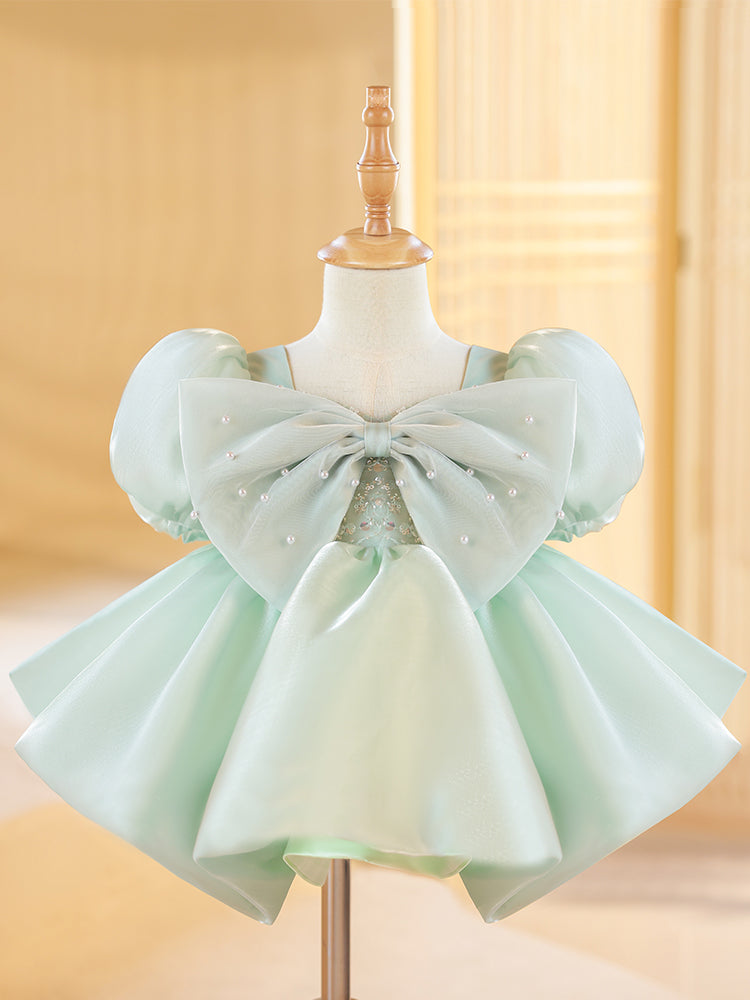 Elegant Mint Green Organza A-Line Flower Girl Dress with Bows - Perfect for Weddings, Bridal Parties & Special Occasions