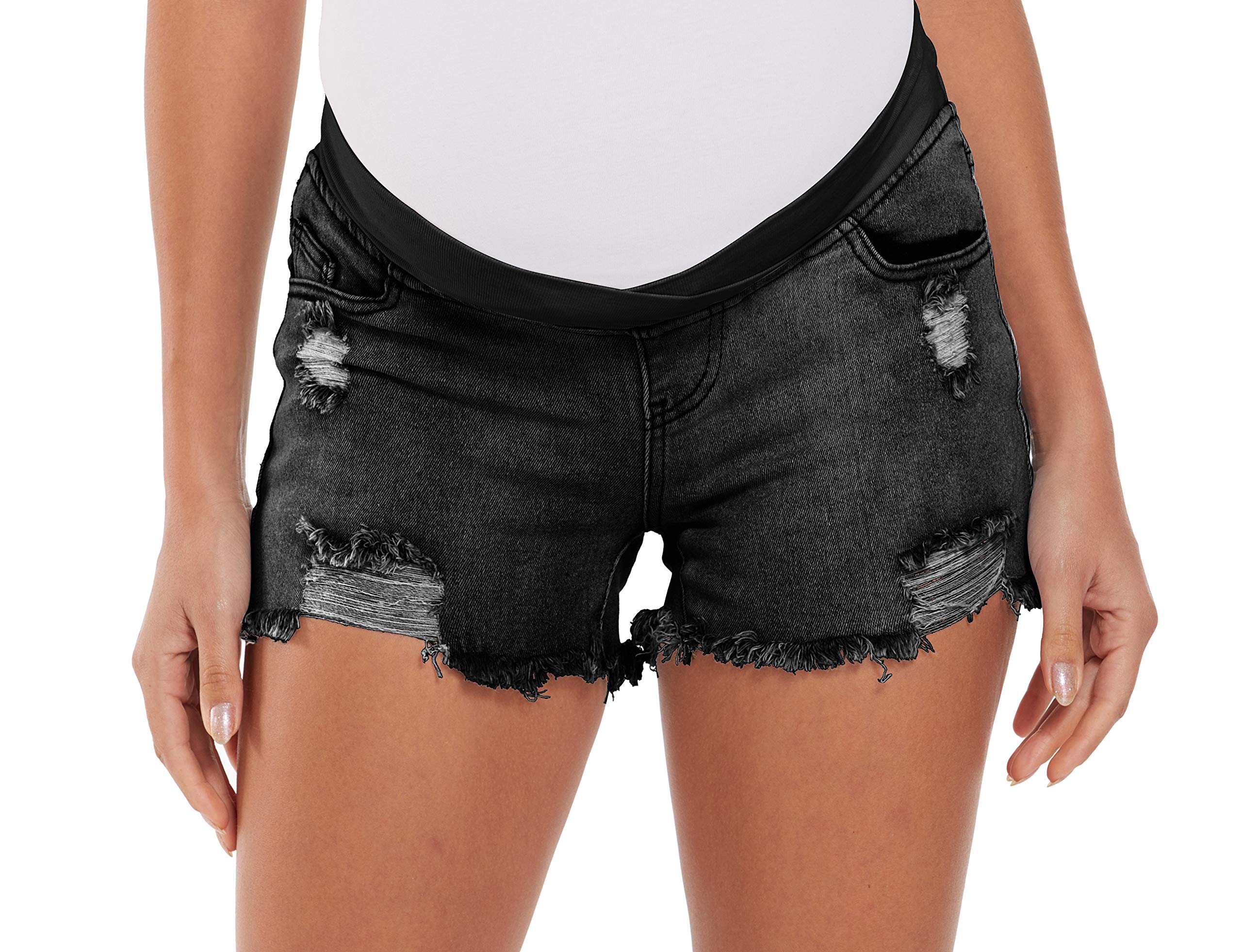 Foucome Women's Maternity Ripped Jean Shorts - Distressed Denim Shorts for Summer - Comfortable Pregnancy Outfit for Casual Wear, Beach & Vacation