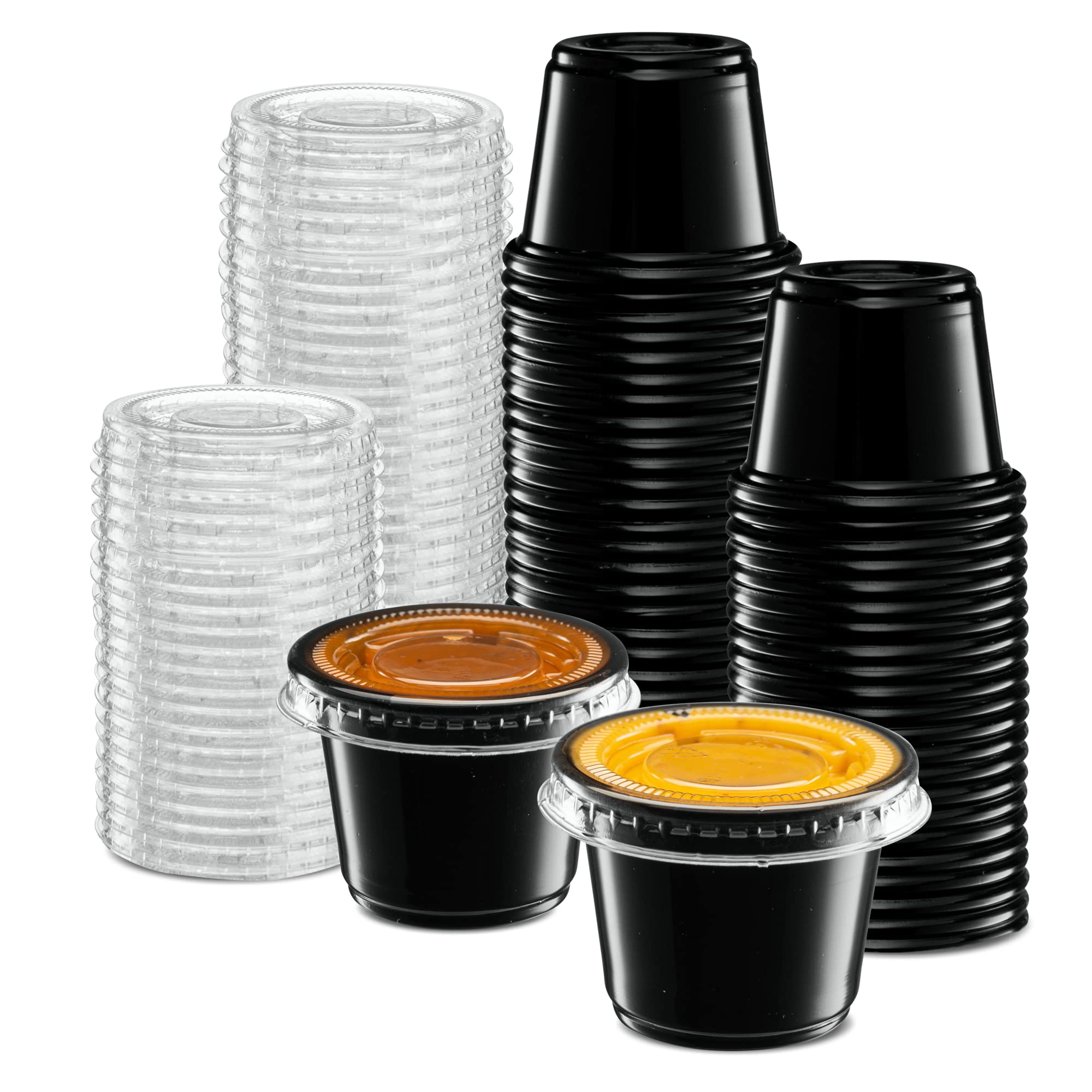 1 oz - 100 Sets Black Disposable Plastic Portion Cups with Lids | Small Mini Containers for Portion Control, Jello Shots, Meal Prep, Sauce, Condiments, Dressings | Ideal for Parties, Restaurants, Catering & Home Use