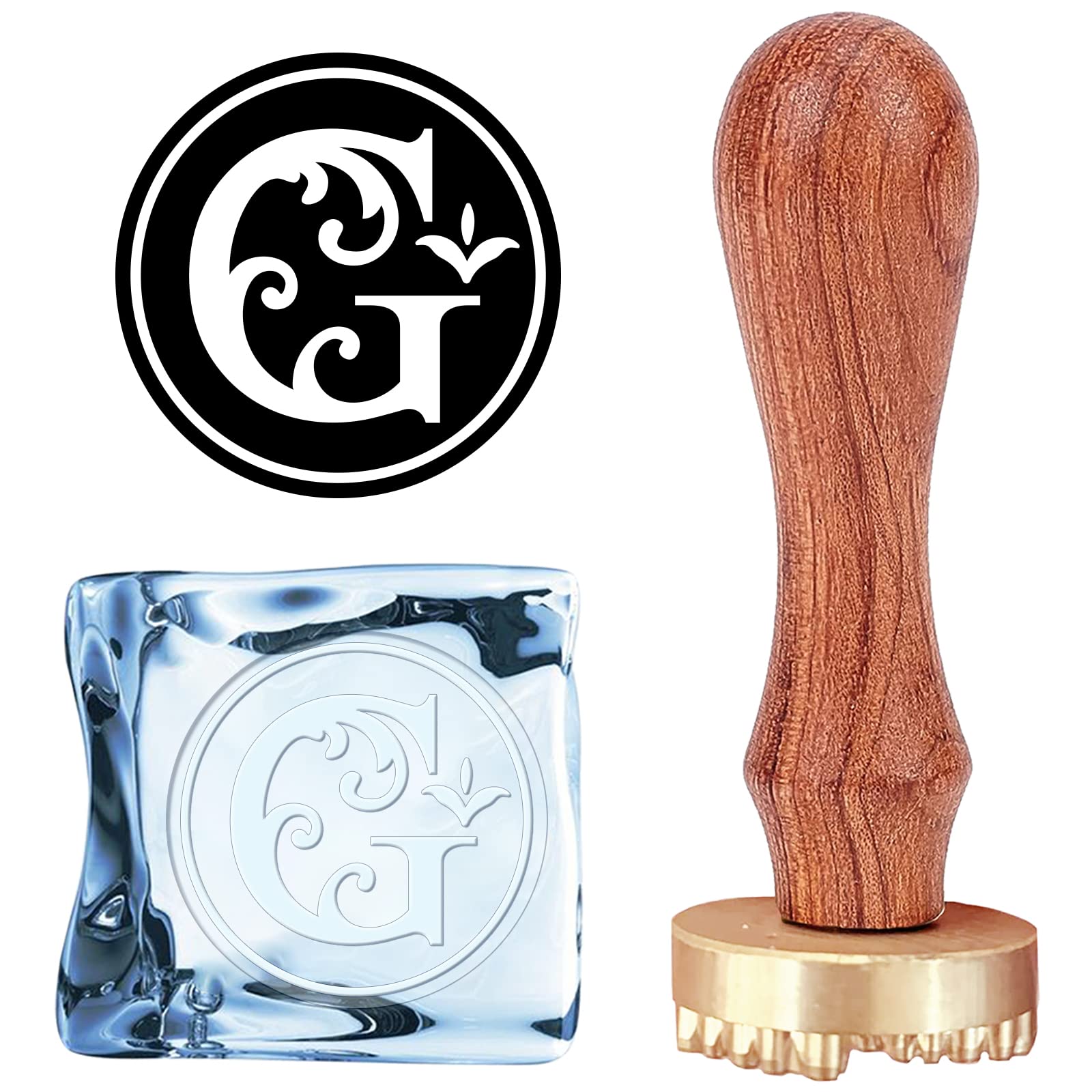 Vintage Floral Letter G Ice Stamp - Removable Brass Head & Wood Handle for DIY Cocktail, Whiskey, Mojito Drinks - Perfect for Home Bars, Parties, and Crafting