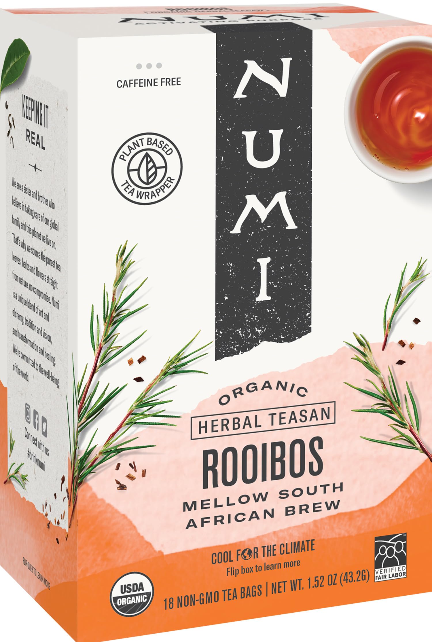 Numi Organic Red Mellow Bush Rooibos Tea - 18 Tea Bags | Caffeine-Free Herbal Tea for Relaxation & Wellness | Perfect for Evening Tea Time & Stress Relief