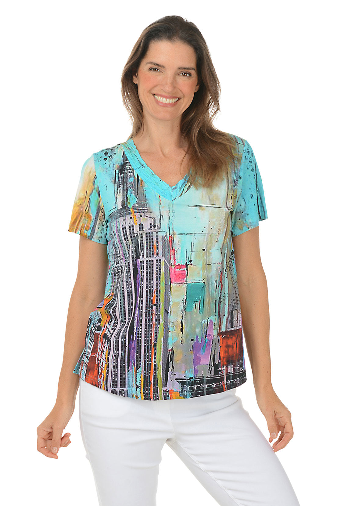Chicago Shirred V-Neck T-Shirt for Women - Soft Casual Tee for Everyday Wear, Layering & Outfits