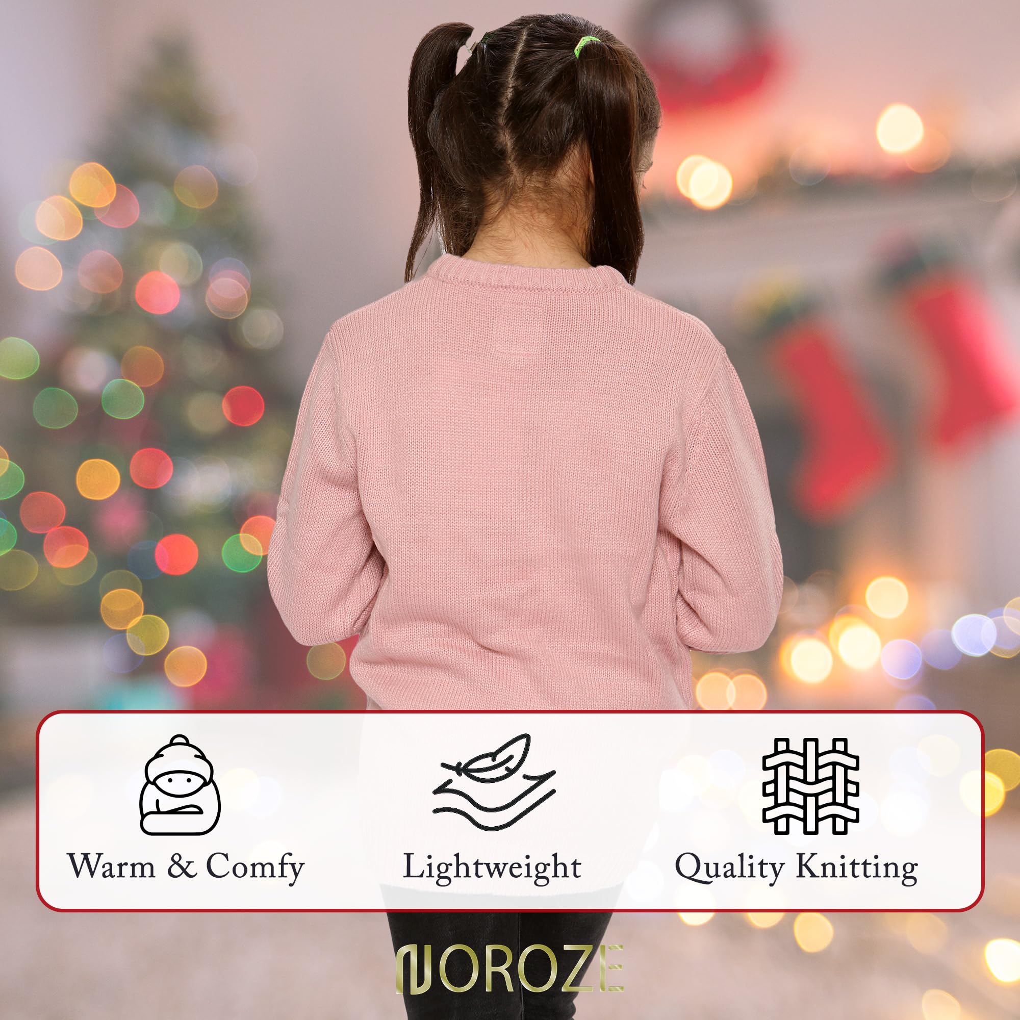 NOROZE Girls Christmas 3D Jumper - Kids Bird & Reindeer Retro Pullover Sweater - Cozy Holiday Outfit for Family Photos & Christmas Parties