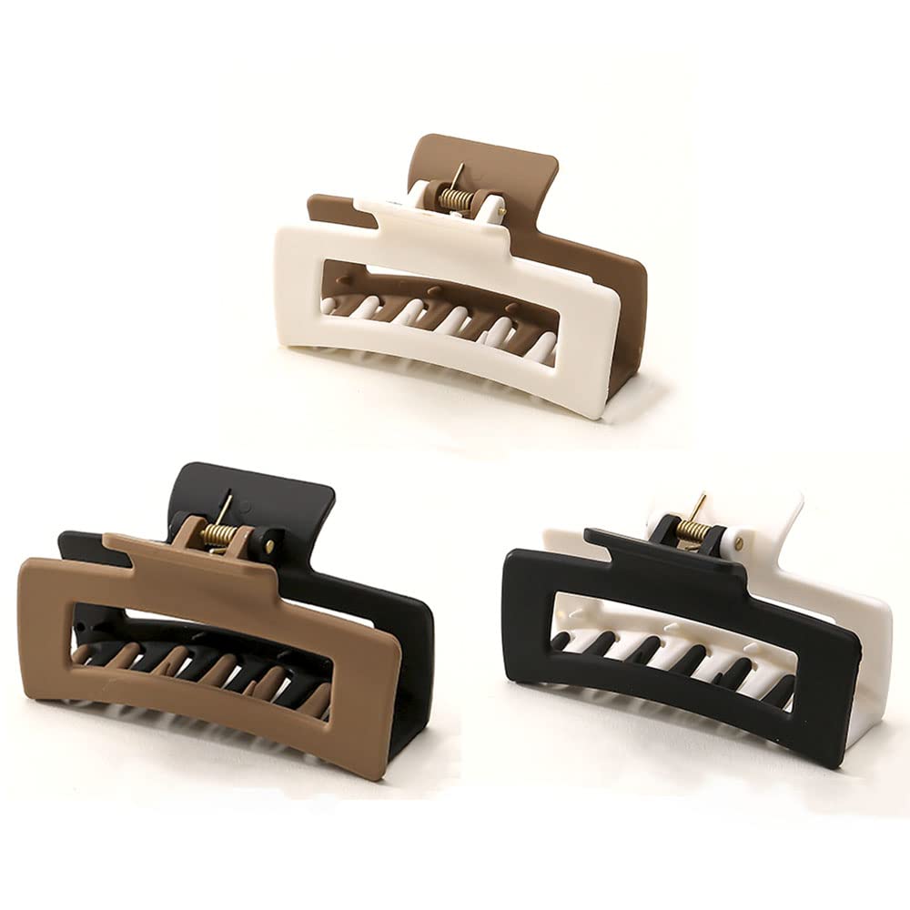 Large Hair Claw Clips for Women - Strong Plastic Hair Clips for Thick & Thin Hair - Non-Slip Hair Clamps for Straight, Curly & Wavy Hair - Black/Brown/White (4.2 Inch, 3 Pack) - Perfect for Work, Gym & Everyday Hairstyles
