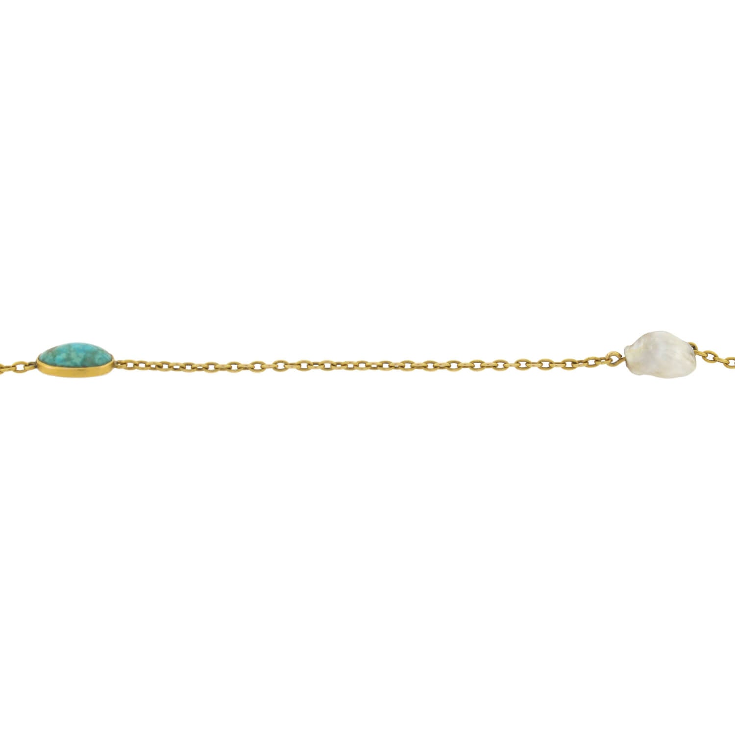14kt Gold Victorian Style Long Chain Necklace with Turquoise & Mississippi River Pearl - 48 Inch Elegant Jewelry for Weddings, Parties & Special Occasions