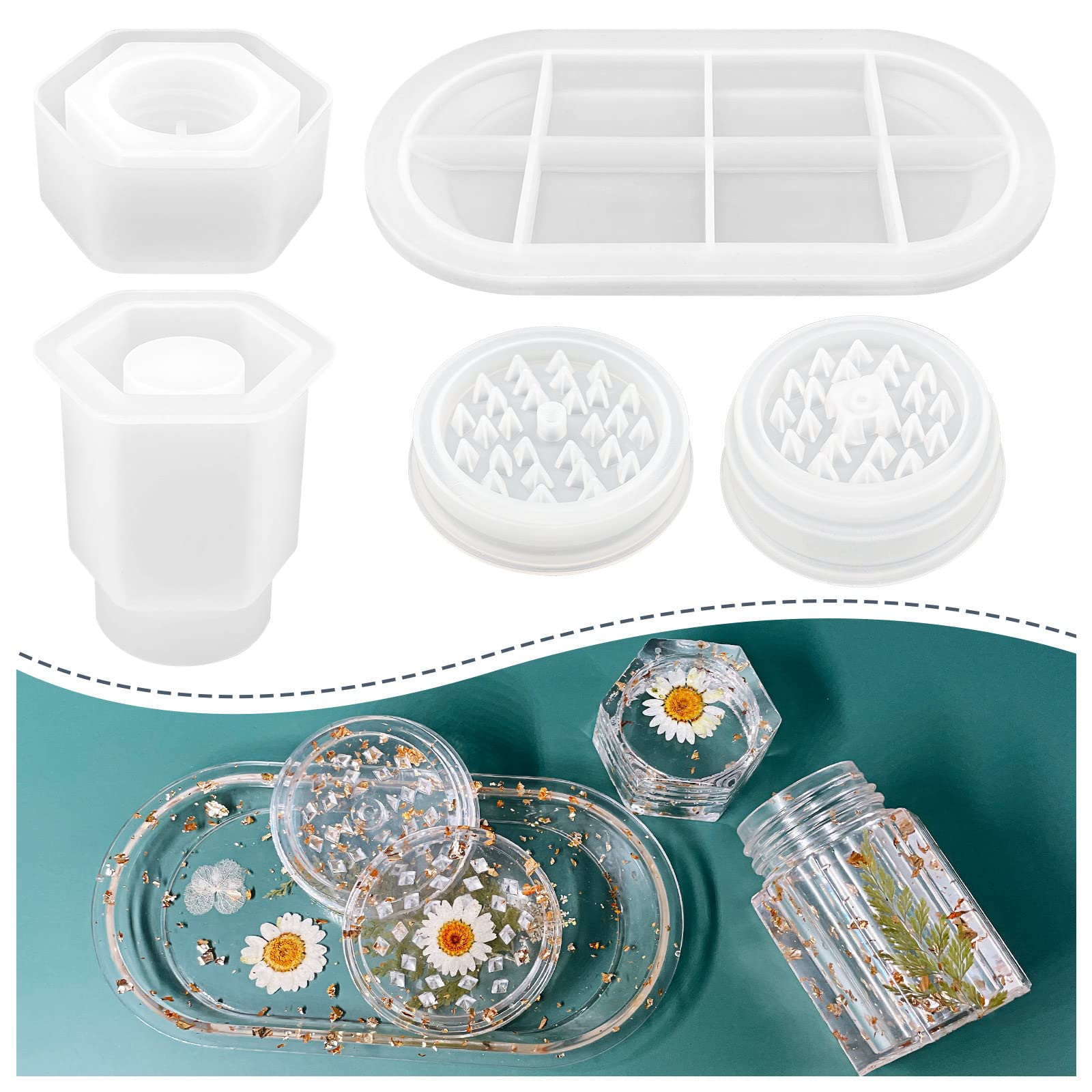 4 Pcs Premium Silicone Resin Molds Kit - Grinder Mold, Rolling Tray Mold & Jar Mold with Lid for DIY Epoxy Casting | Perfect for Spice Storage, Herb Grinding & Resin Craft Projects