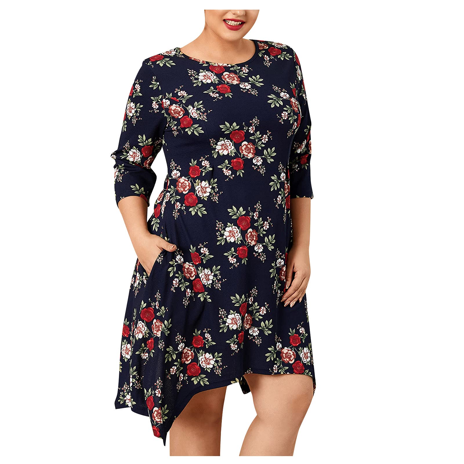 Plus Size Three-Quarter Sleeve Floral Print Women's Dress - Fashionable Skirt in Size LRregular | Perfect for Casual Outings, Office Wear & Special Occasions