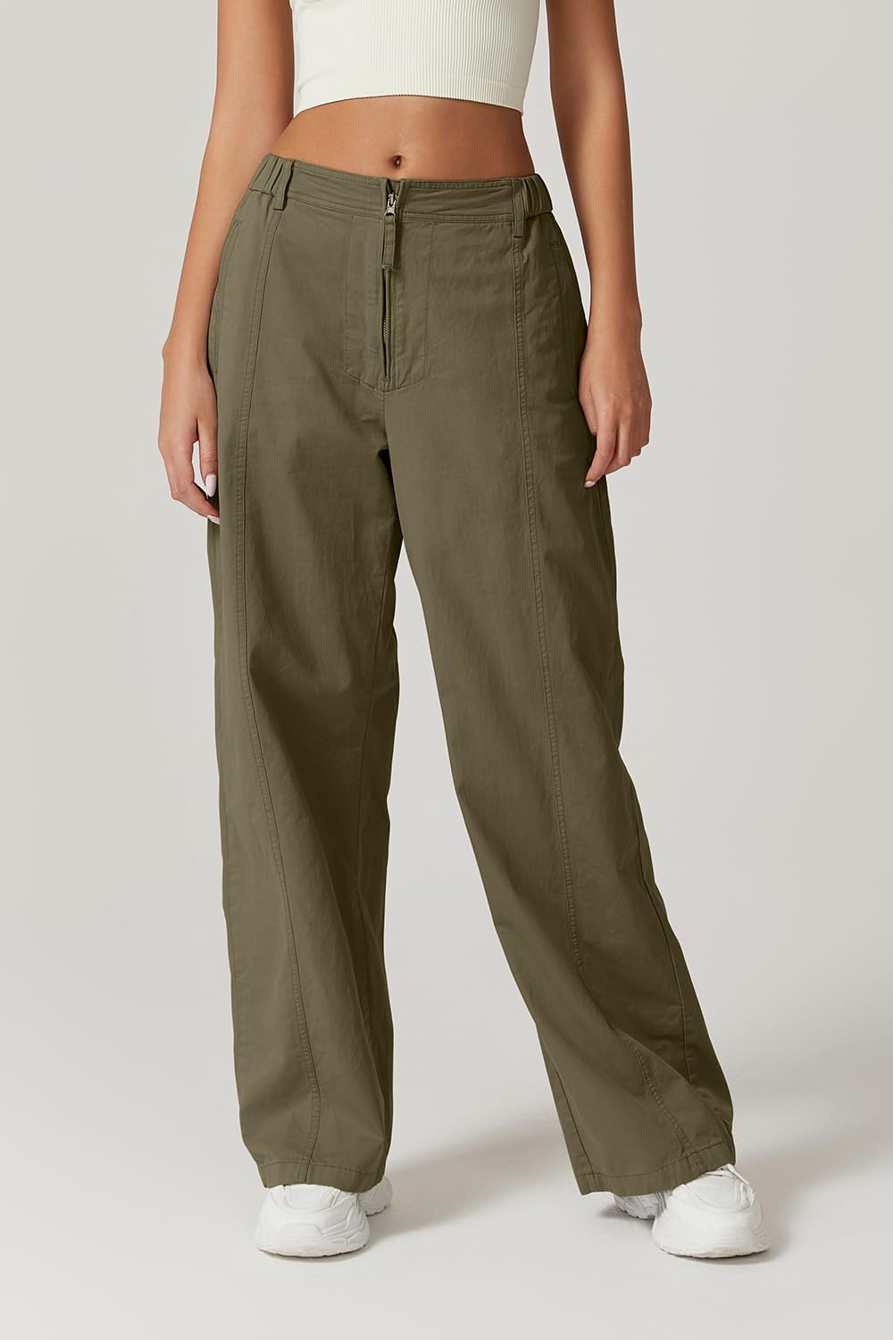 QINSEN Women's High Waist Zip Front Wide Leg Cargo Pants - Cotton Stretch Palazzo Pants with Pockets for Casual Wear, Work & Travel