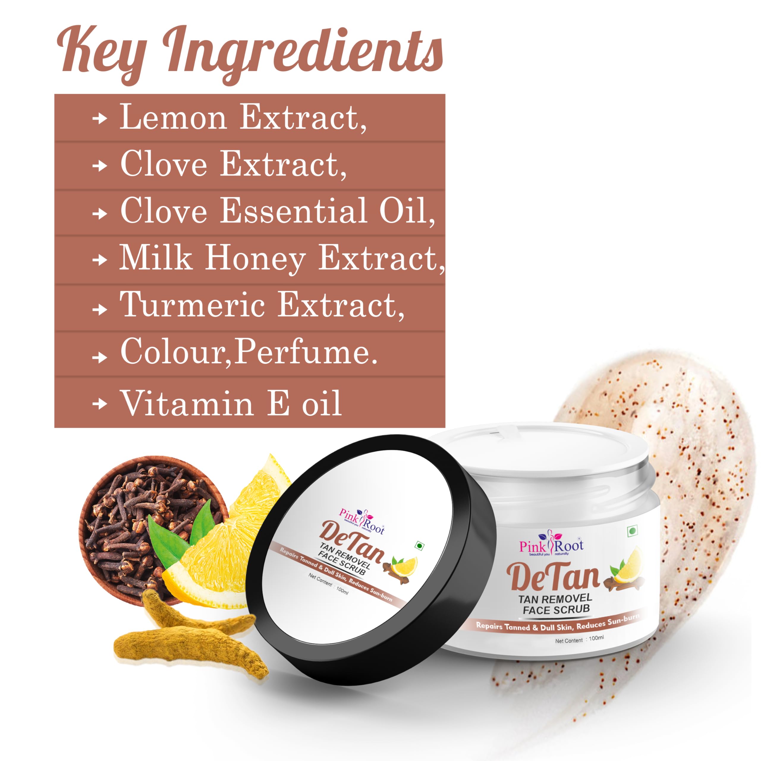 Pink Root Detan Face Scrub 100ml with Lemon Extract & Clove Oil - Tan Removal, Blackhead Cleanser for Smooth & Clean Skin | Daily Exfoliating Facial Scrub for Glowing Complexion