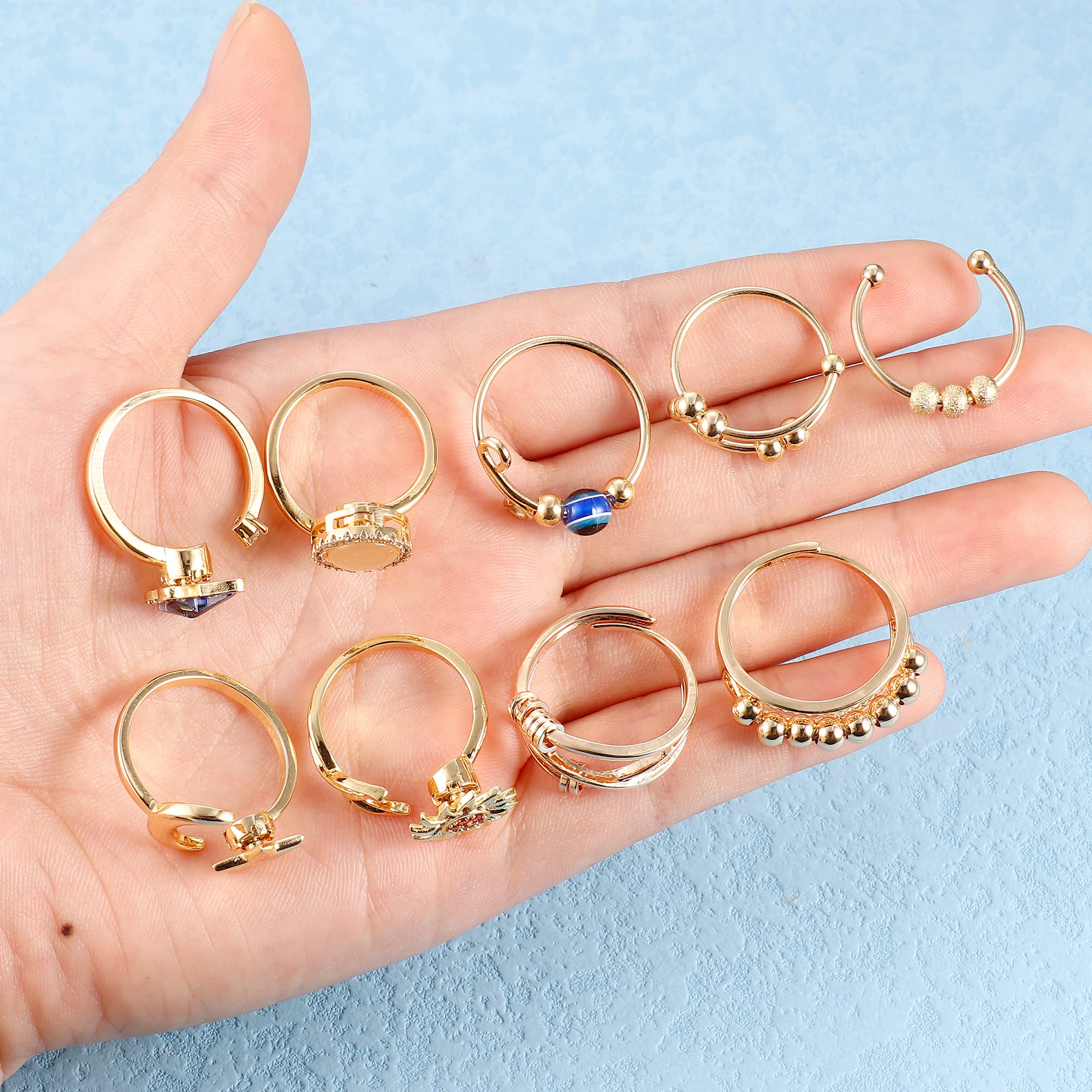 FIBO STEEL 9 Pcs Anxiety Relief Spinner Rings for Women & Men - Stress Relieving Rotatable Rings with CZ Flower Moon Star Design, Adjustable Size for Office, Travel & Daily Wear