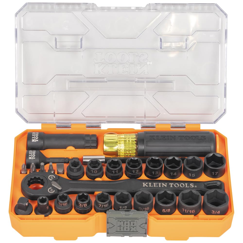 Klein Tools 65400KNECT 28-Piece KNECT Essential Pass Through Impact Socket Set - SAE & Metric Sizes, 3/8-Inch Drive with 90-Tooth Ratchet & MODbox Case - Perfect for Automotive Repairs, Machinery Maintenance & DIY Projects