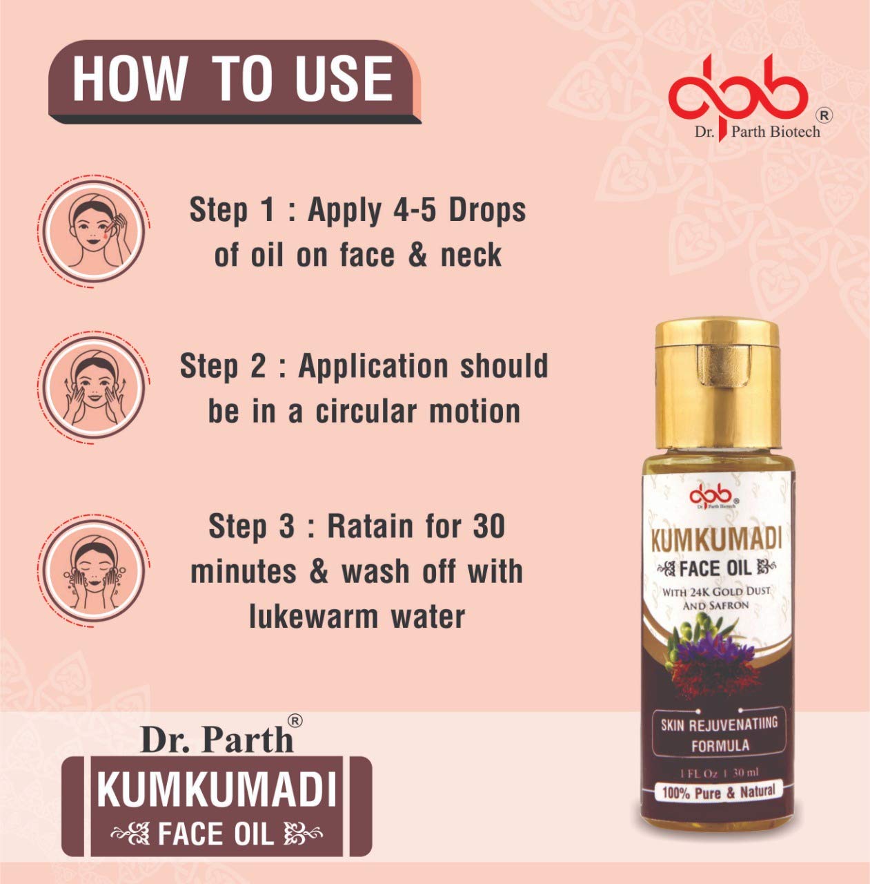 DR. PARTH BIOTECH Kumkumadi Face Oil 30ml - Ayurvedic Beauty Oil for Acne, Pimples, Dark Spots & Blackheads | Brightens & Glows Skin | Perfect for Daily Skincare Routine & Nighttime Treatment