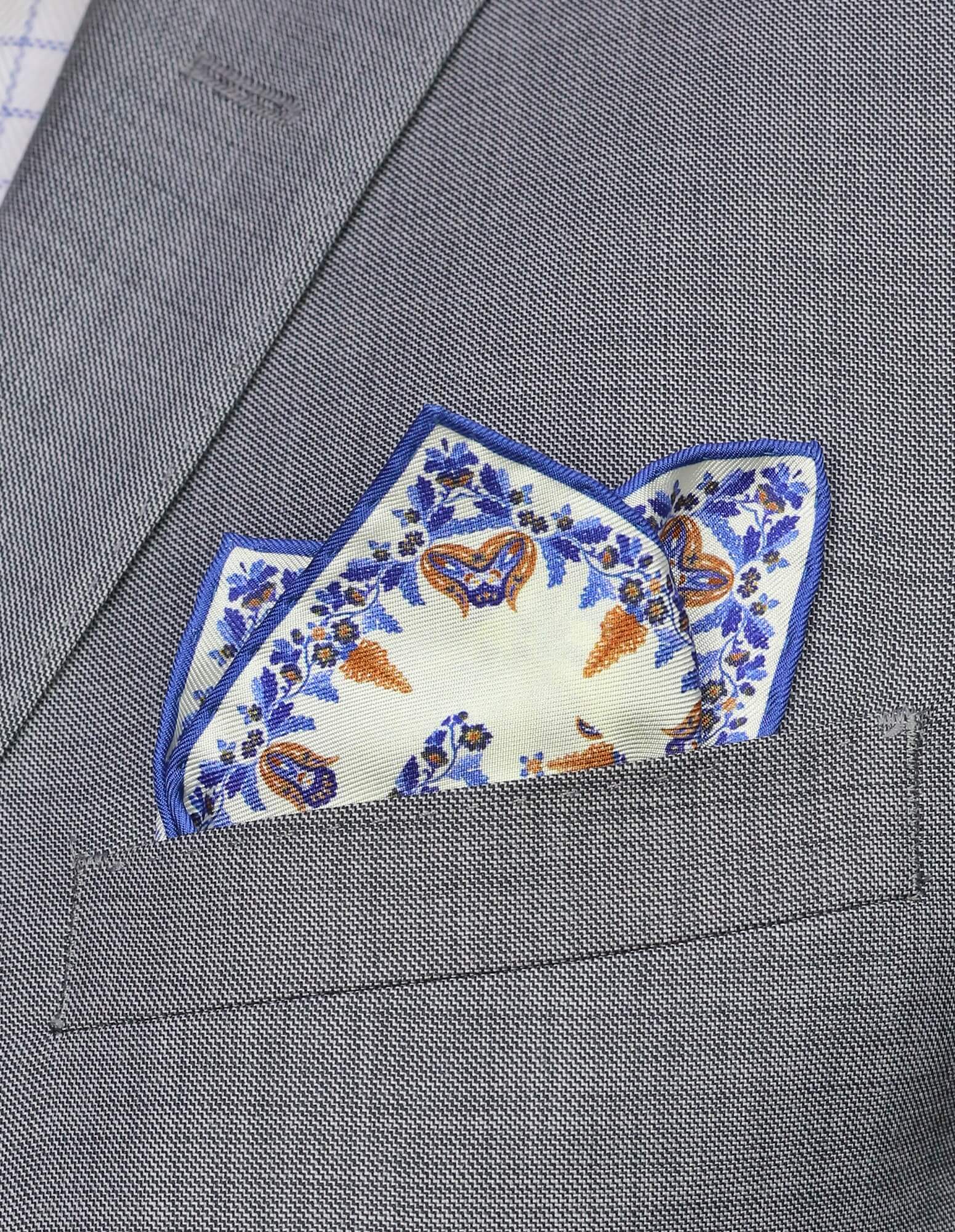 DÉCLIC Ashington Floral Pocket Square - Elegant Cream Silk Handkerchief for Men's Suits | Perfect for Weddings, Business Meetings & Formal Events