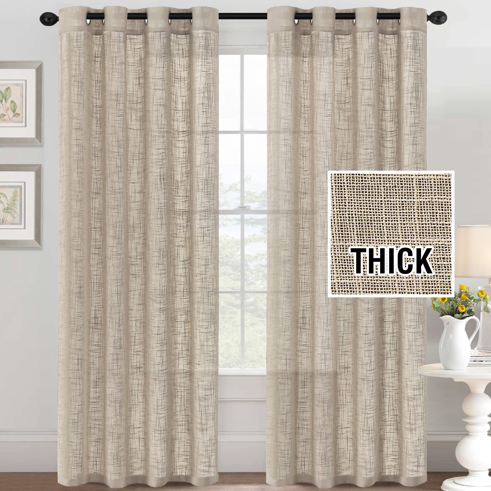 Premium Linen Blend Curtains for Living Room & Bedroom - Light Filtering, Privacy, 52