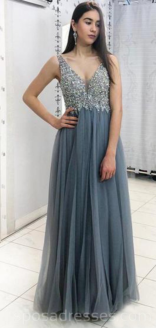 Elegant Grey Lace Beaded V-Neck Long Evening Prom Dress for Women - Perfect for Formal Events, Parties & Special Occasions | Style 18637