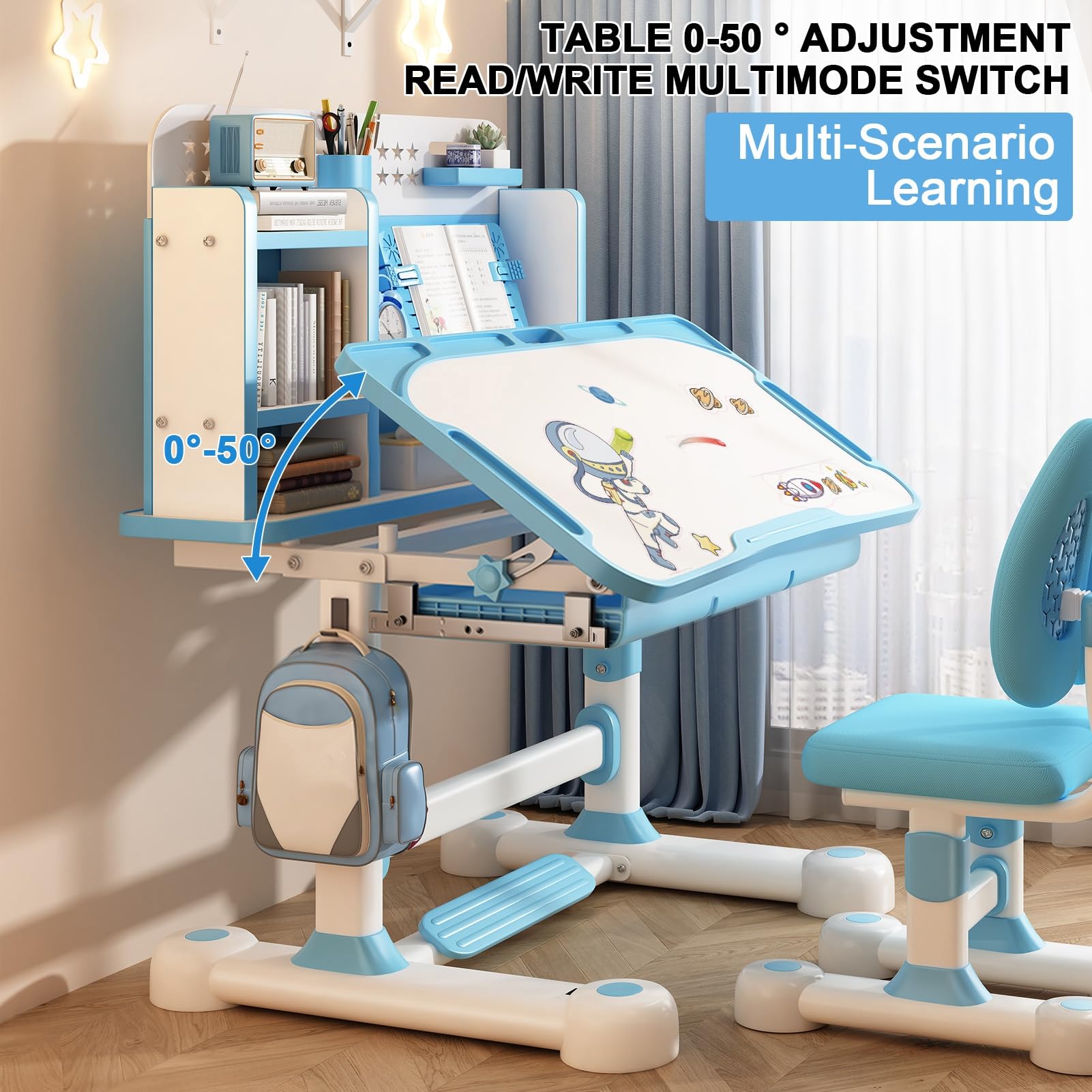 Ergonomic Kids Desk and Chair Set - Adjustable Height Study Desk with Tiltable Desktop, Book Stand, Metal Hook & Storage Drawer for Boys & Girls - Perfect for Homeschooling, Online Learning & Bedroom Study Space