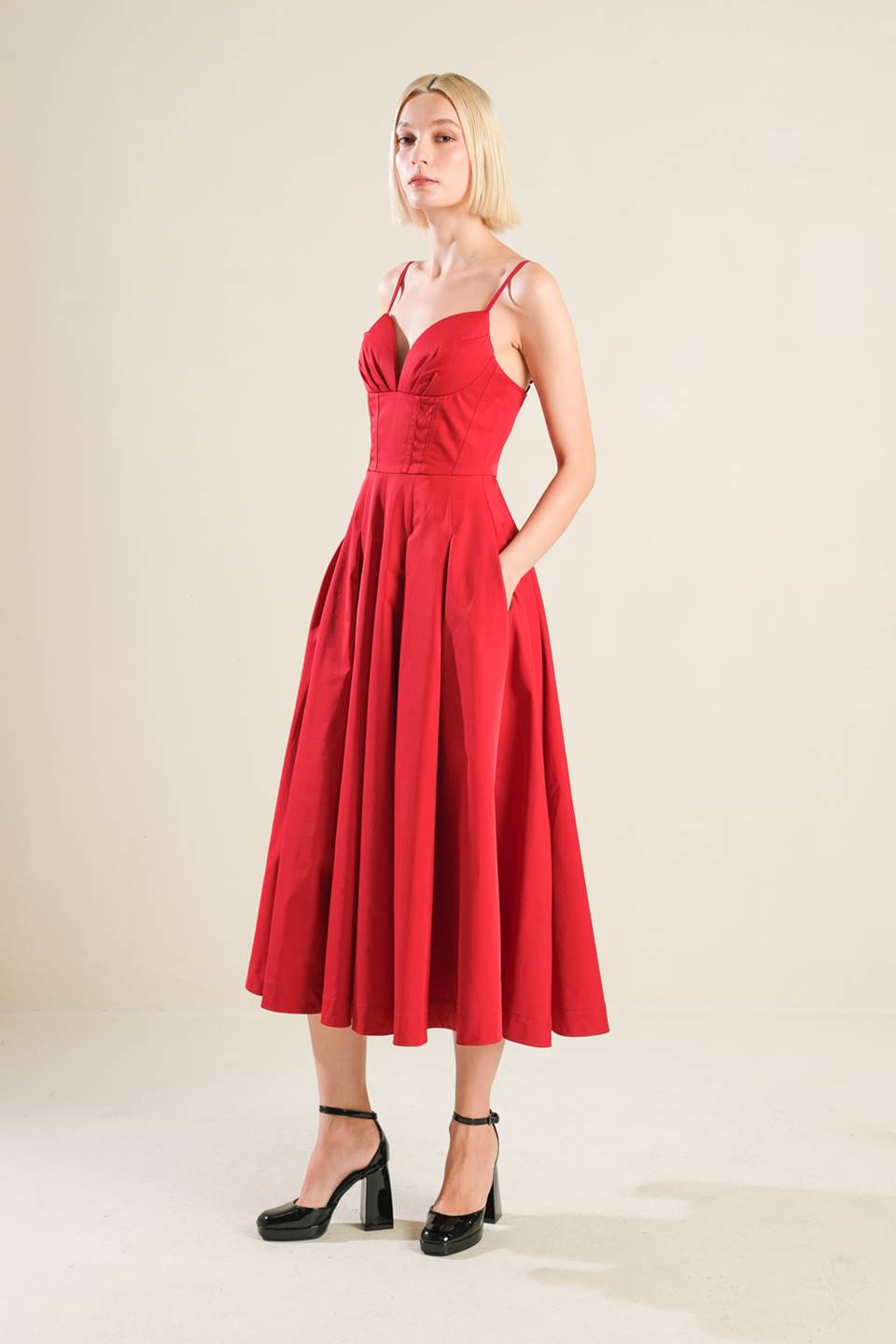Cherry Tree Lane Crimson Midi Dress - Elegant Women's Party & Cocktail Dress for Evening Events & Special Occasions