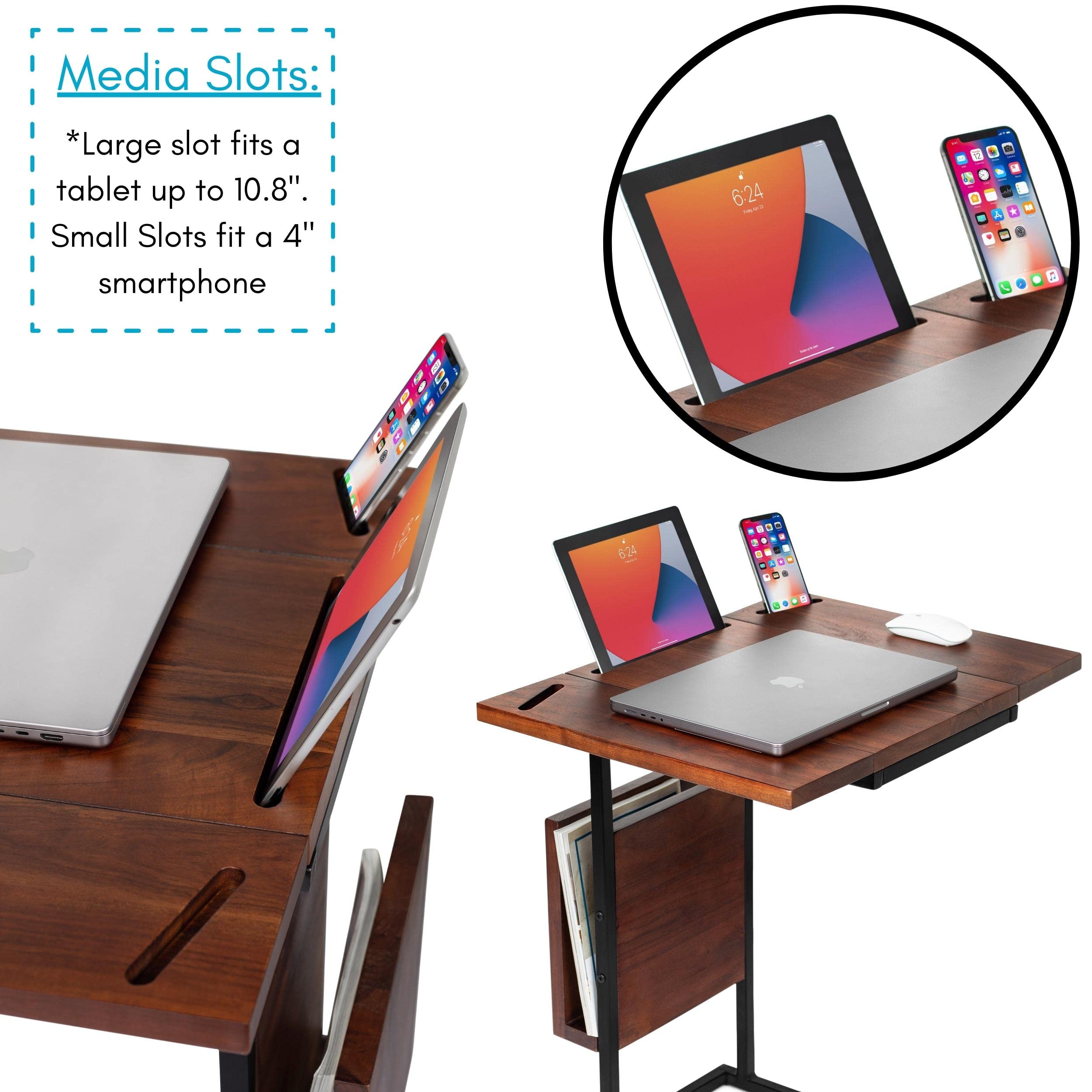 BIRDROCK HOME Acacia Wood Expandable C-Shaped Side Table with Phone & Tablet Holder - Laptop TV Tray Desk for Couch, Bed & Sofa - Snack End Table for Living Room & Office - Perfect for Reading, Working & Relaxing