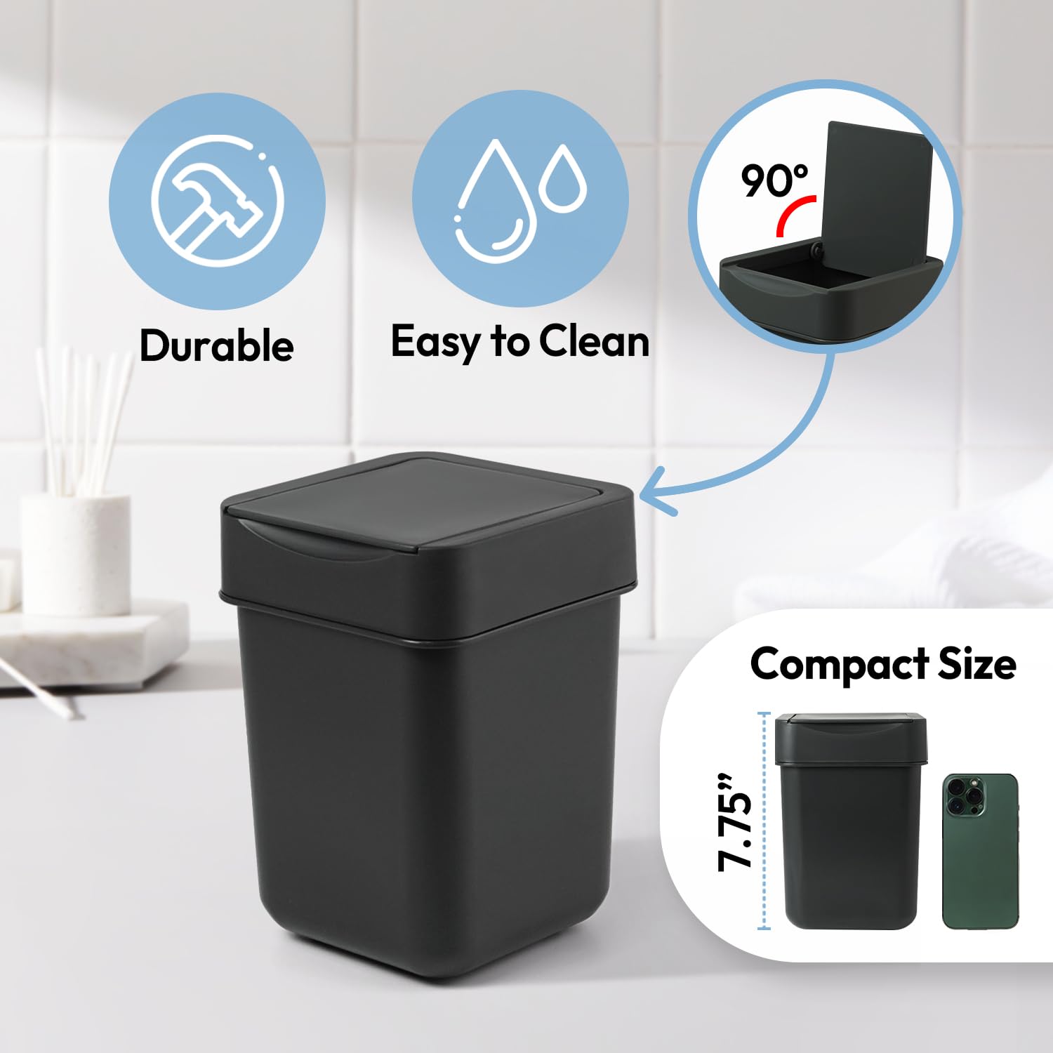 Carrotez 2 Liter Mini Trash Can - Small Wastebasket for Coffee Bar, Vanity, Desk & Countertop | Compact Garbage Bin for Office, Bathroom & Kitchen - Black