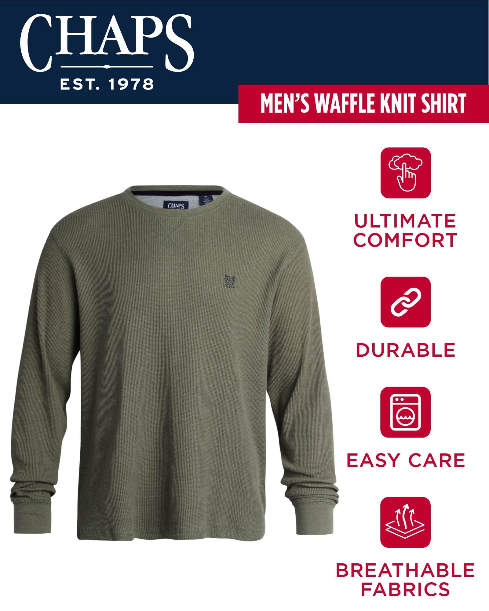 Chaps Men's Long Sleeve Thermal Shirt - Soft Waffle Knit Crewneck Casual Shirt for Men (Sizes M-XXL) - Perfect for Fall Layering, Winter Warmth & Outdoor Activities
