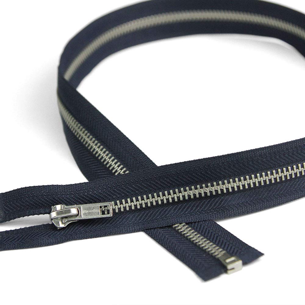 #5 Open End Zipper with Silver Metal Teeth - 28 Inch Navy Blue Separating Zipper for Jackets & Coats by Bias Bespoke - Perfect for Outerwear, Hoodies & DIY Fashion Projects