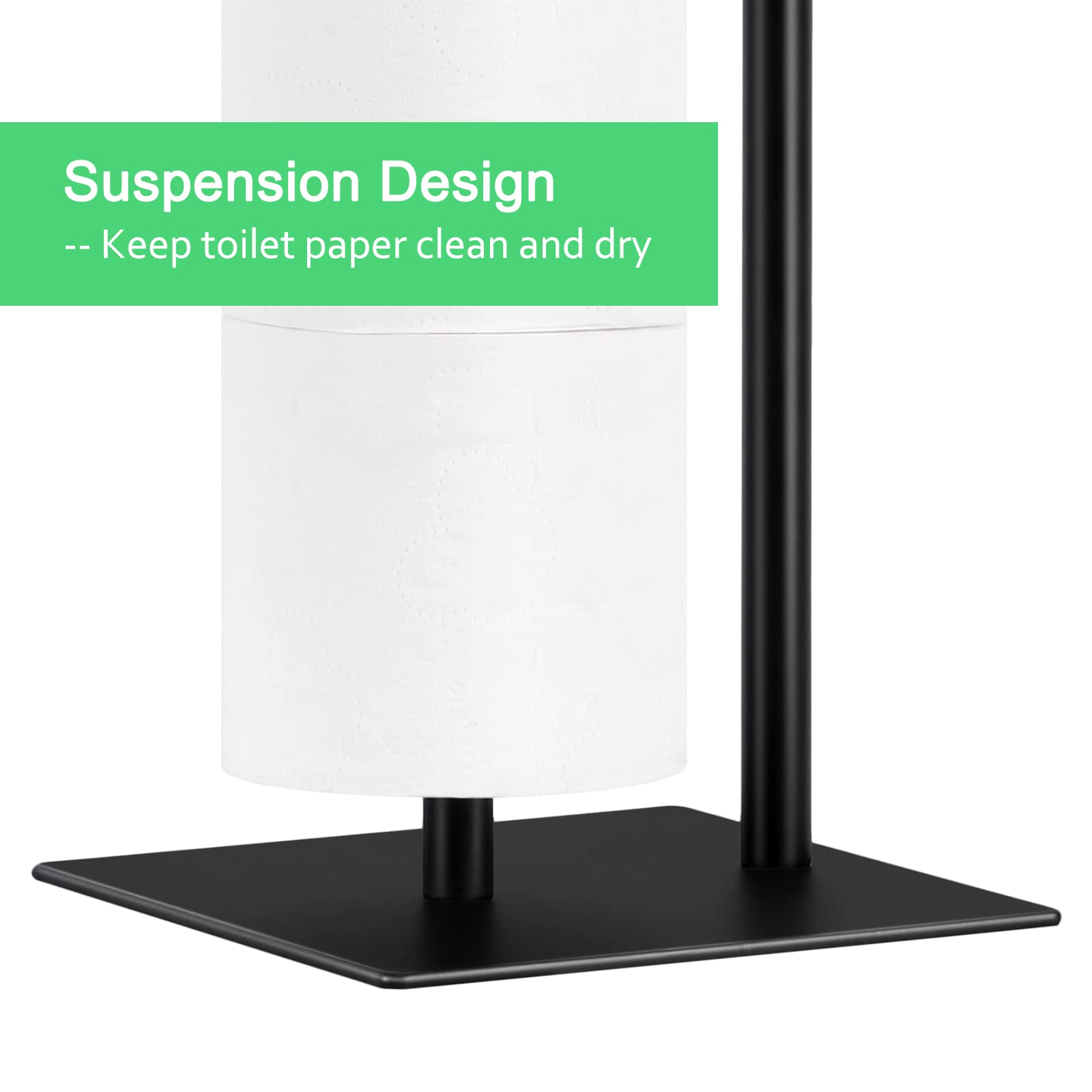 Free Standing Toilet Paper Holder Stand with Storage Basket - Industrial Style Bathroom Tissue Dispenser in Matte Black - Perfect for Home, Office, and RV Use